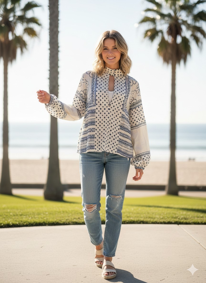 ​Rip Curl Women’s M Blue White Print High Neck Long Sleeve Blouse Keyhole