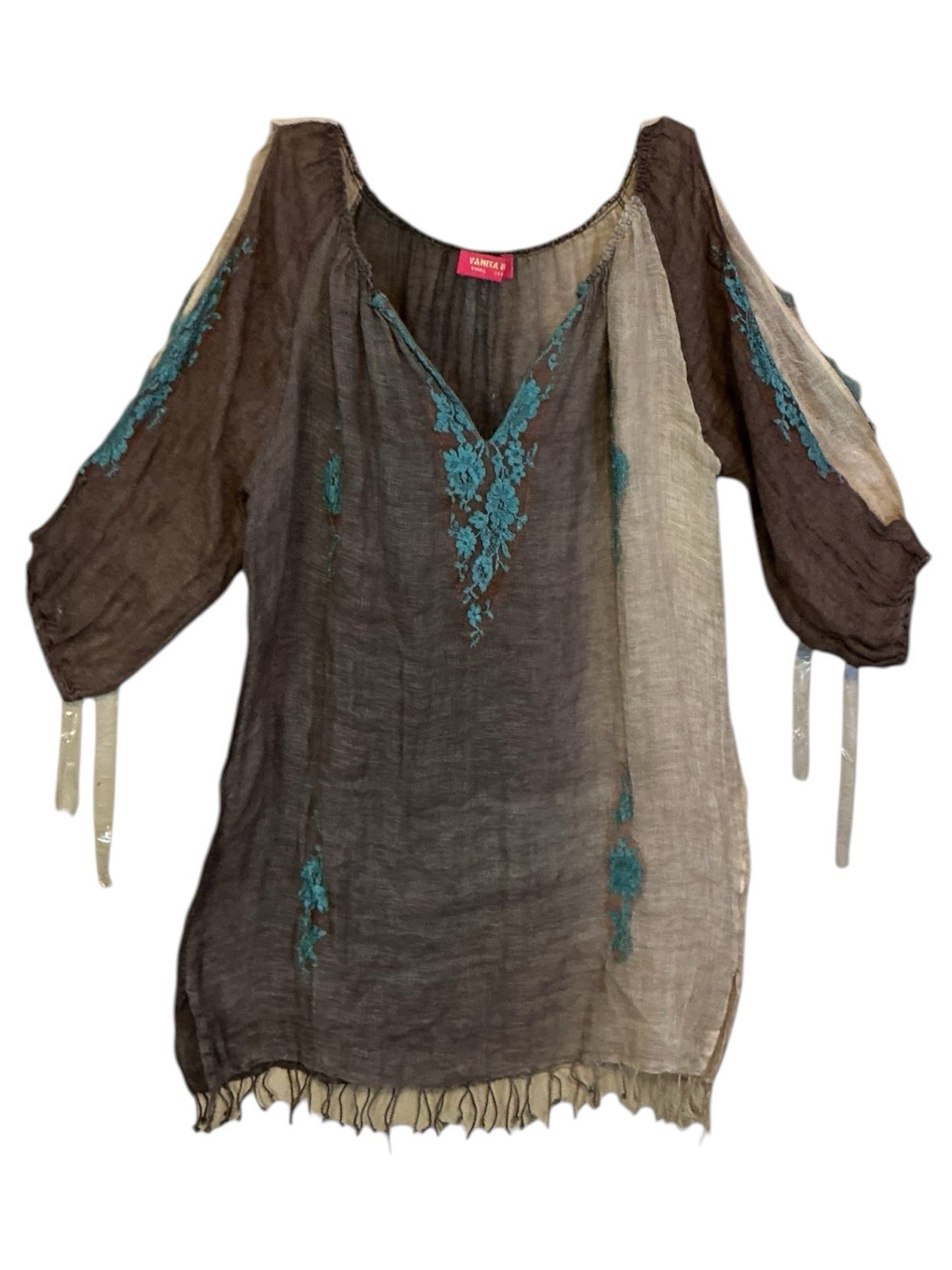 Vanita Rosa Paris Boho Gauze Tunic Fringe Embroidered Cold Shoulder Top L
