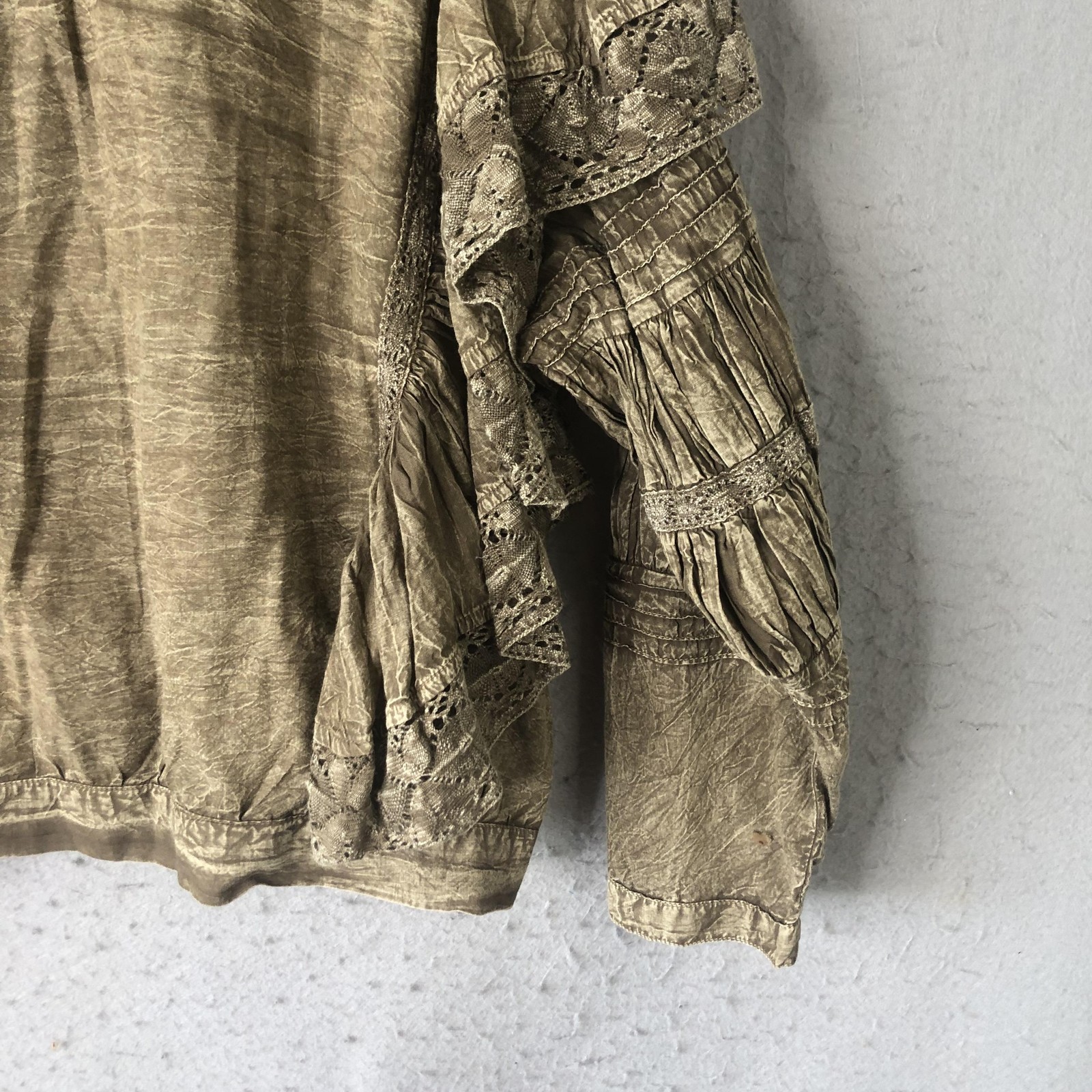 Paper Lace Blouse Womens 1XL Brown Embroidered Boho Festival Grunge Lagenlook
