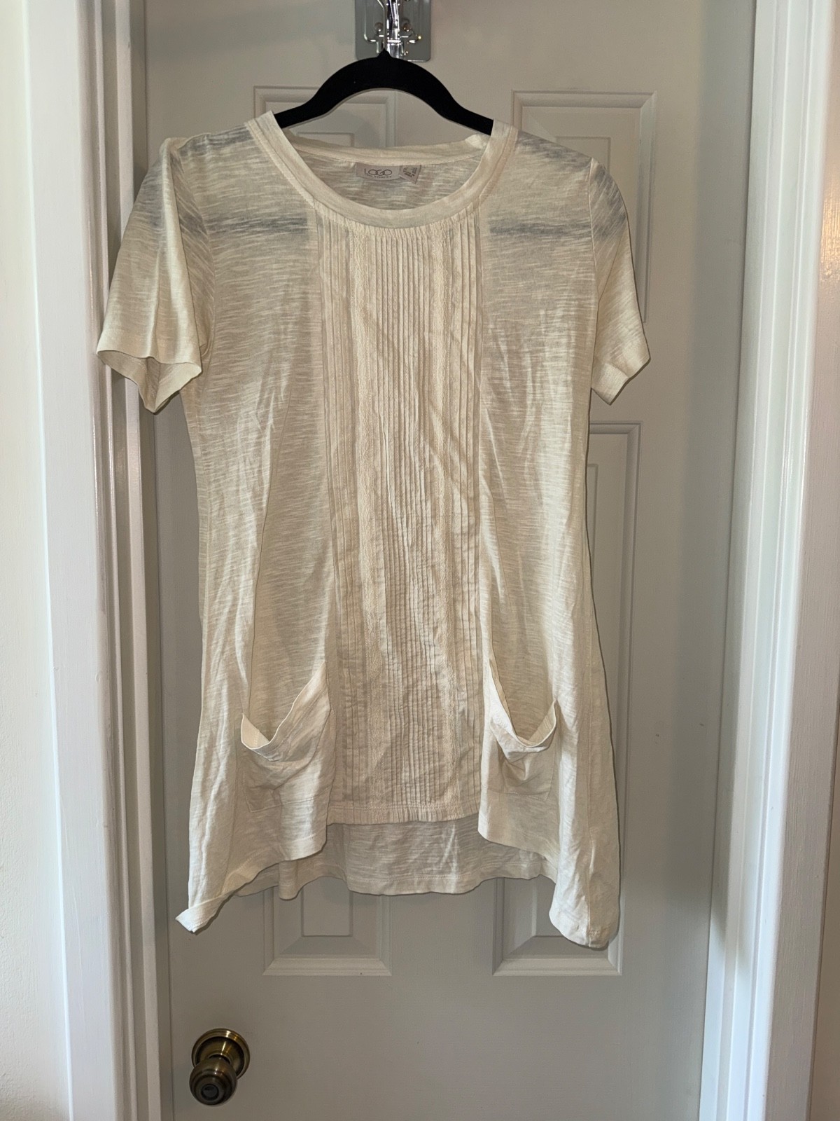 LOGO by Lori Goldstein Slub Knit Top w/ Pleat Details CHALK sz XXS
