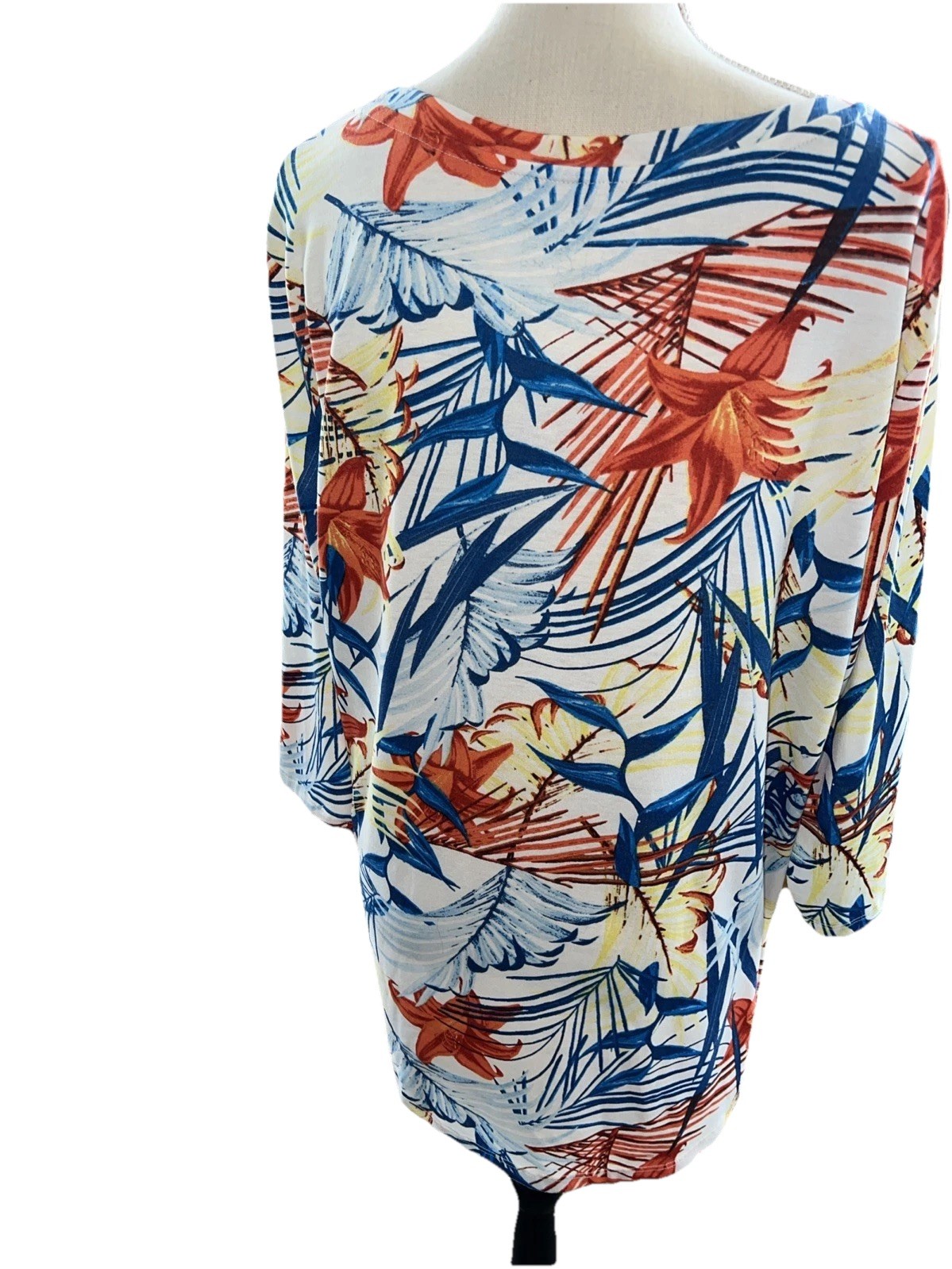Palm Grove 1X Multi Color Tropical Print Pullover Top 3/4 Slvs 95% Rayon