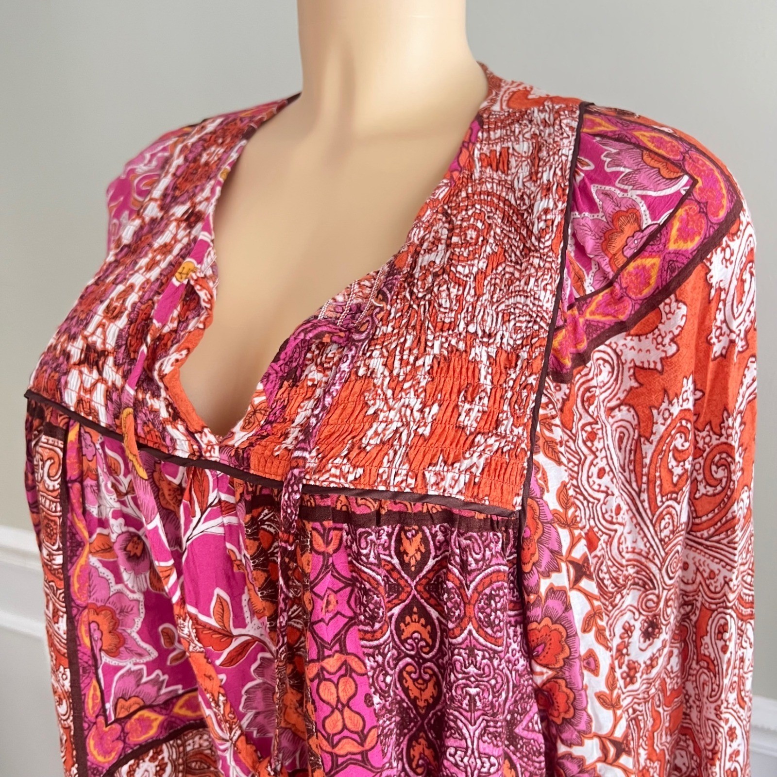 Boho Patchwork Peasant Blouse Womens Sz S Paisley Orange Pink Tassel Cottage
