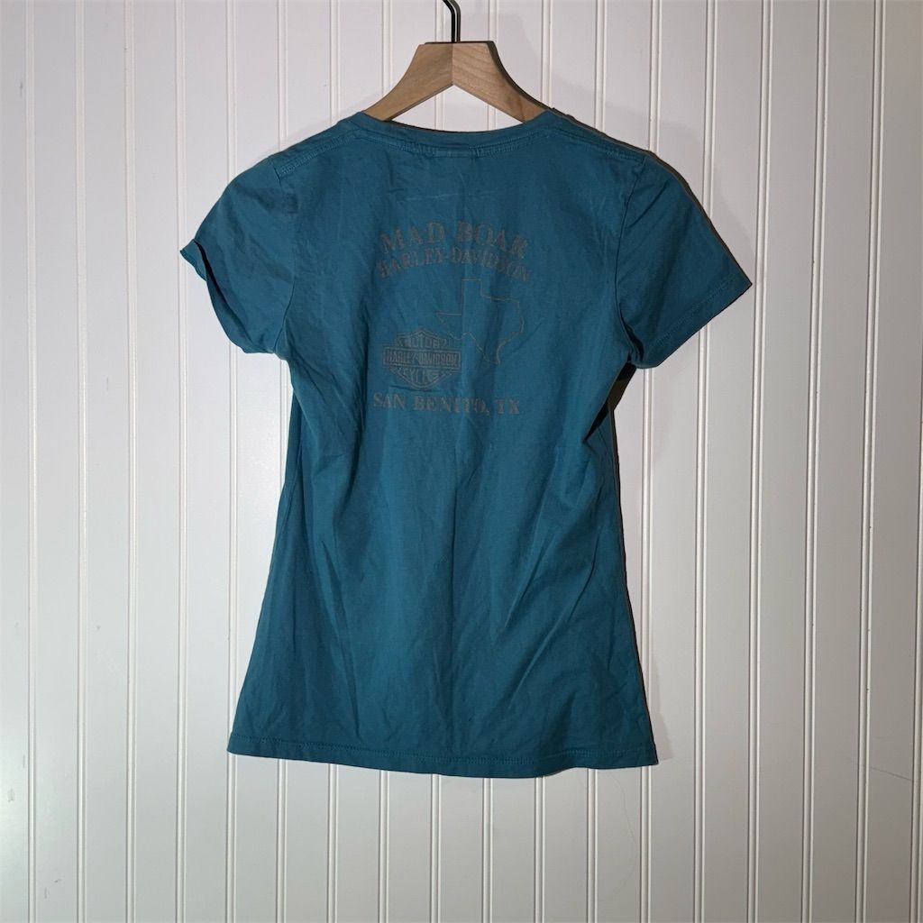 Harley-Davidson Y2K Blue Double Sided Logo V Neck T-Shirt S Biker Babe Grunge