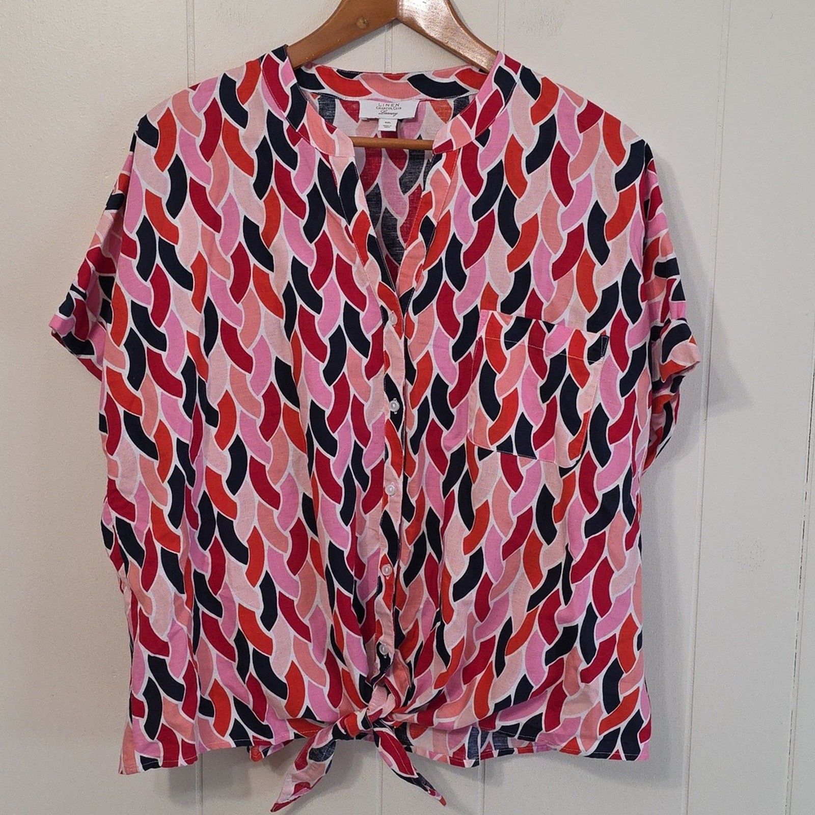 Charter Club Pink and Blue Patterned Linen Blouse Womens XXL