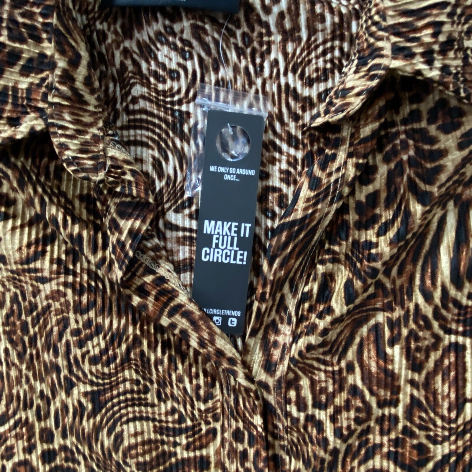 Inner Circle Leopard Print Top Woman’s 1x, 3x Button Up Accordion Pleated Brown