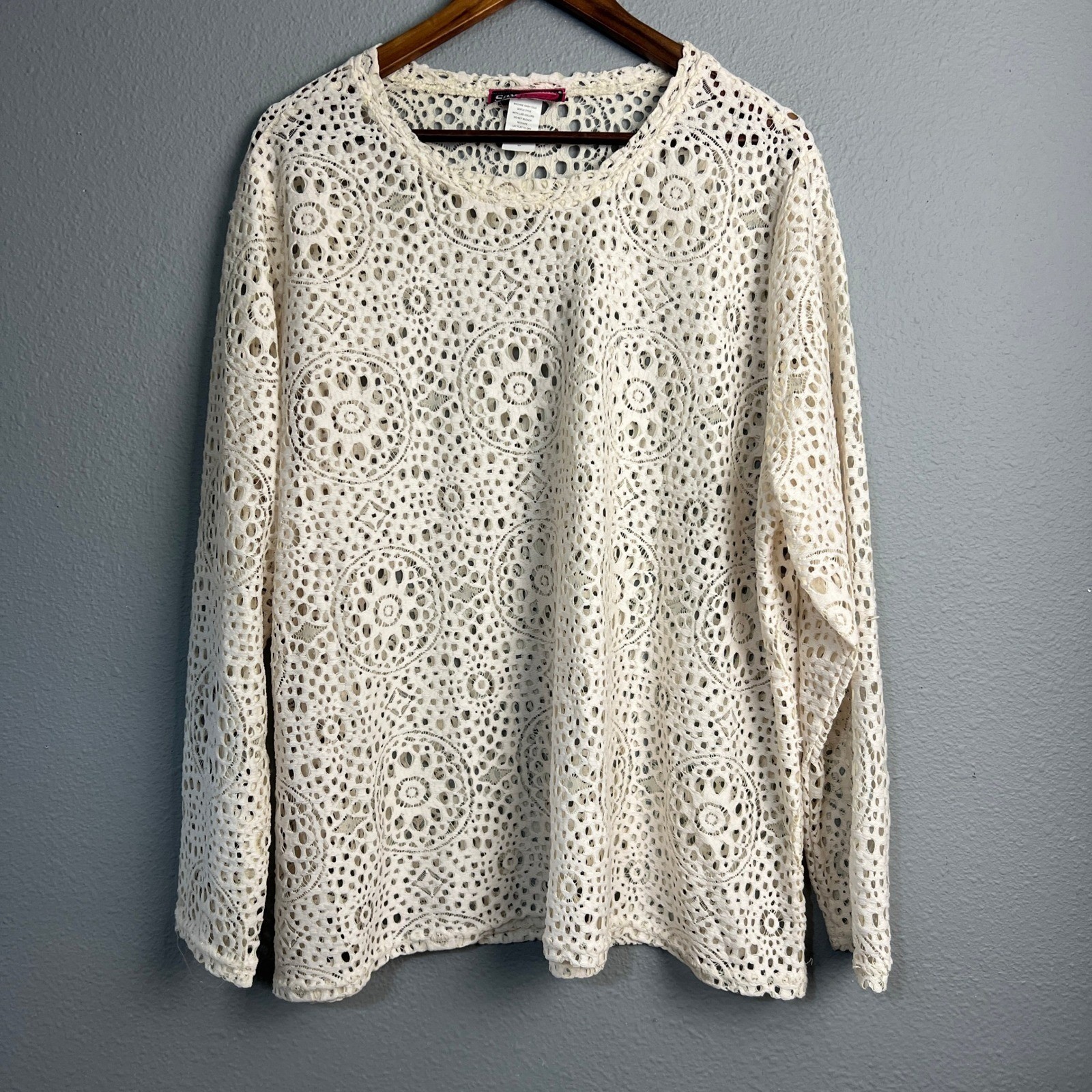 Say What? Y2K Crochet Lace Top 3X Cream Blouse Boho Bohemian Cottagecore L/SL