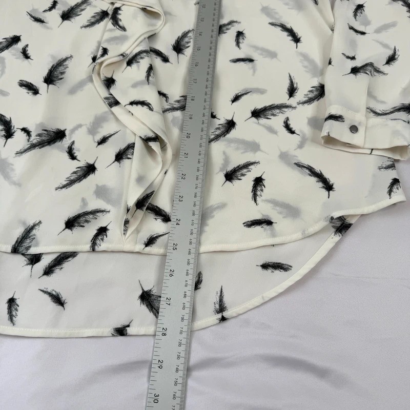 Jacques Vert Blouse UK 14 White Black Feather Print Long Sleeve V Neck