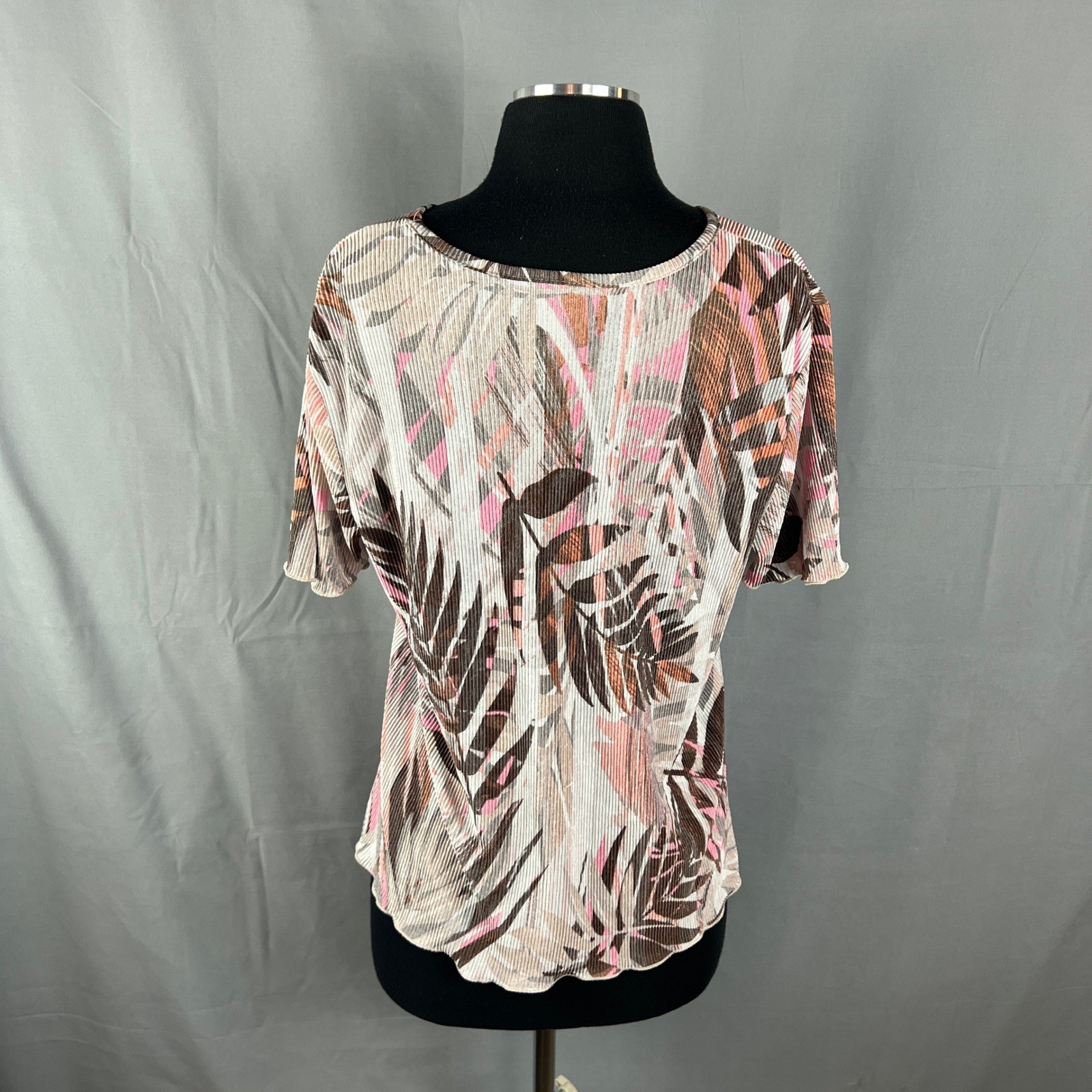 Womens Blouse Top Medium Multicolor Palm Leaf Ribbed Short Sleeve Crew Neck