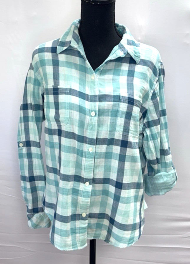 RIDERS BY LEE WOMENS LARGE AQUA BLUE PLAID LONG SLEEVE COTTON SHIRT