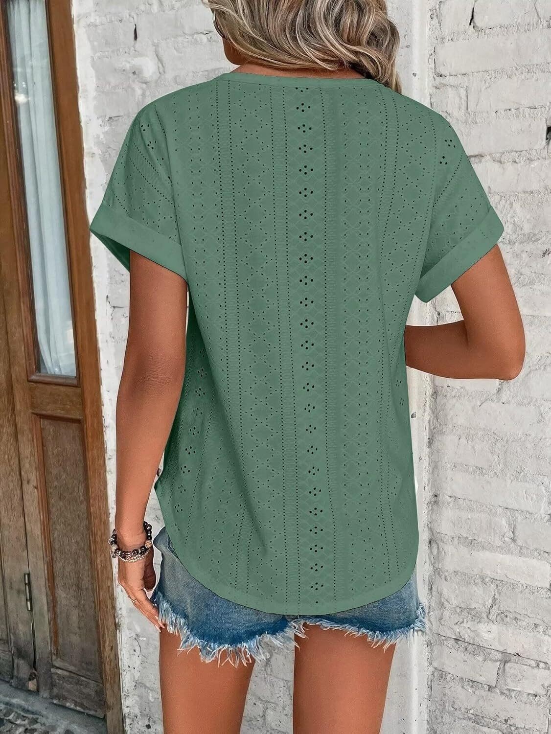 Womens Eyelet Embroidery Top Short Sleeve Curved Hem Loose Fit Summer T Shirt