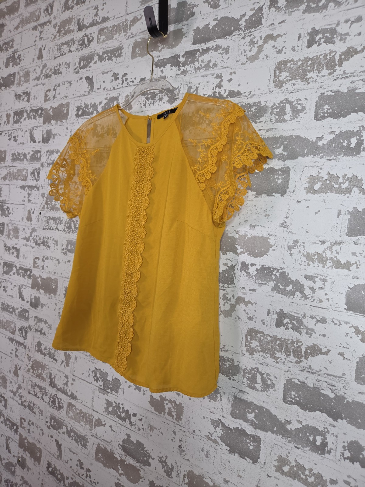 IRIS Yellow Lace Sheer Flutter Sleeve Round Neck Pullover Blouse S IT91222