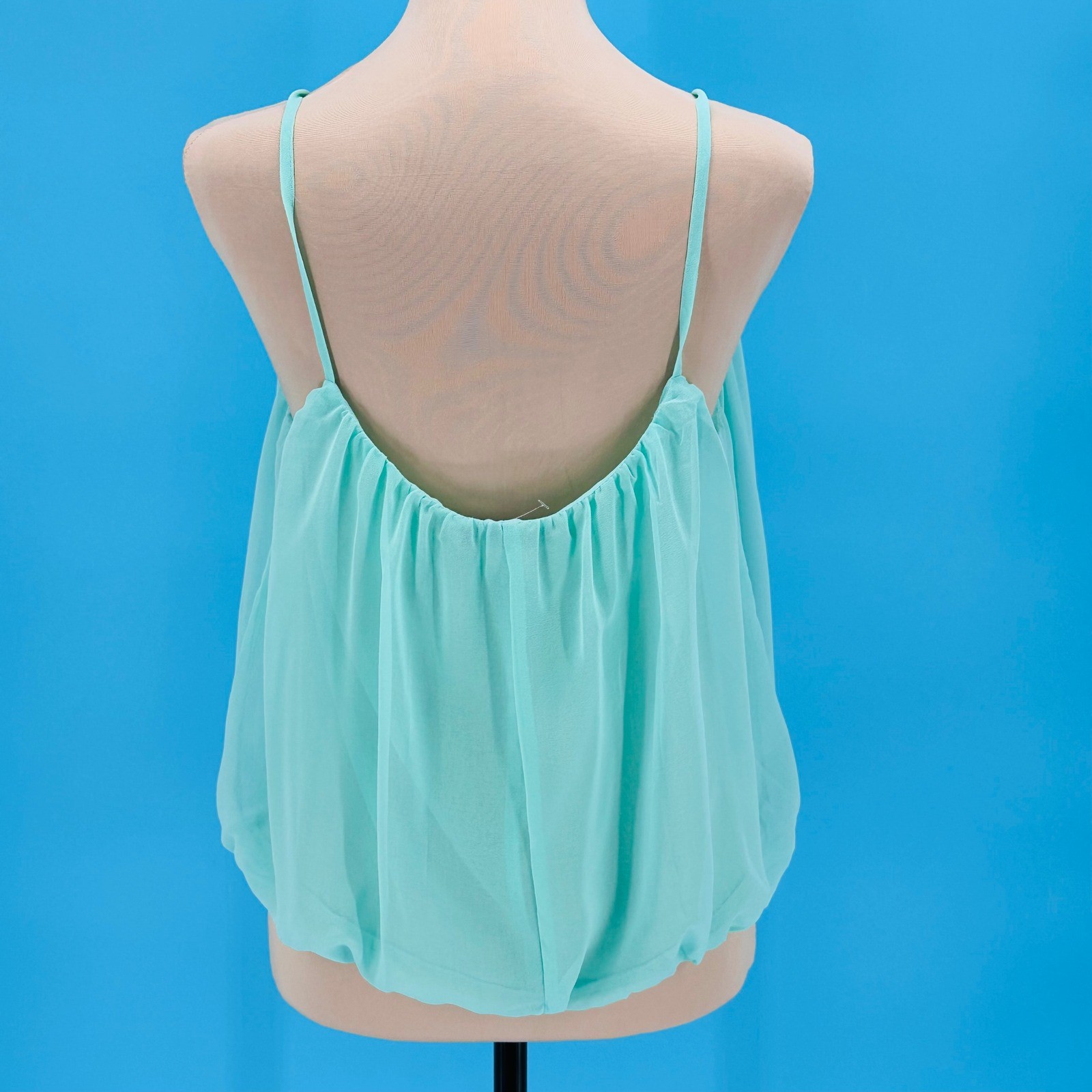 Zena & Harmony Sheer Aqua Green Bubble Hem Spaghetti Strap Camisole Top Large