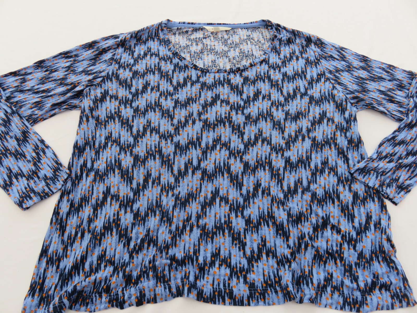 M&S PER UNA FAB BLUES IKAT ISH & ORANGE DOTS PATTERN 30% LINEN BLEND TOP UK 14