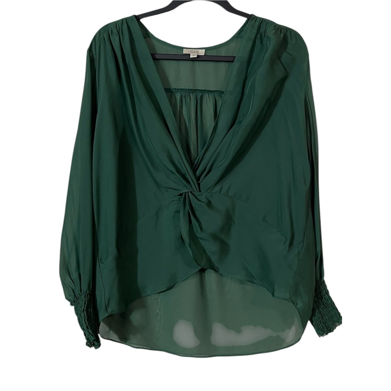 Ladaire 100% Silk Sheer Twist Front Blouse Emerald Green XL