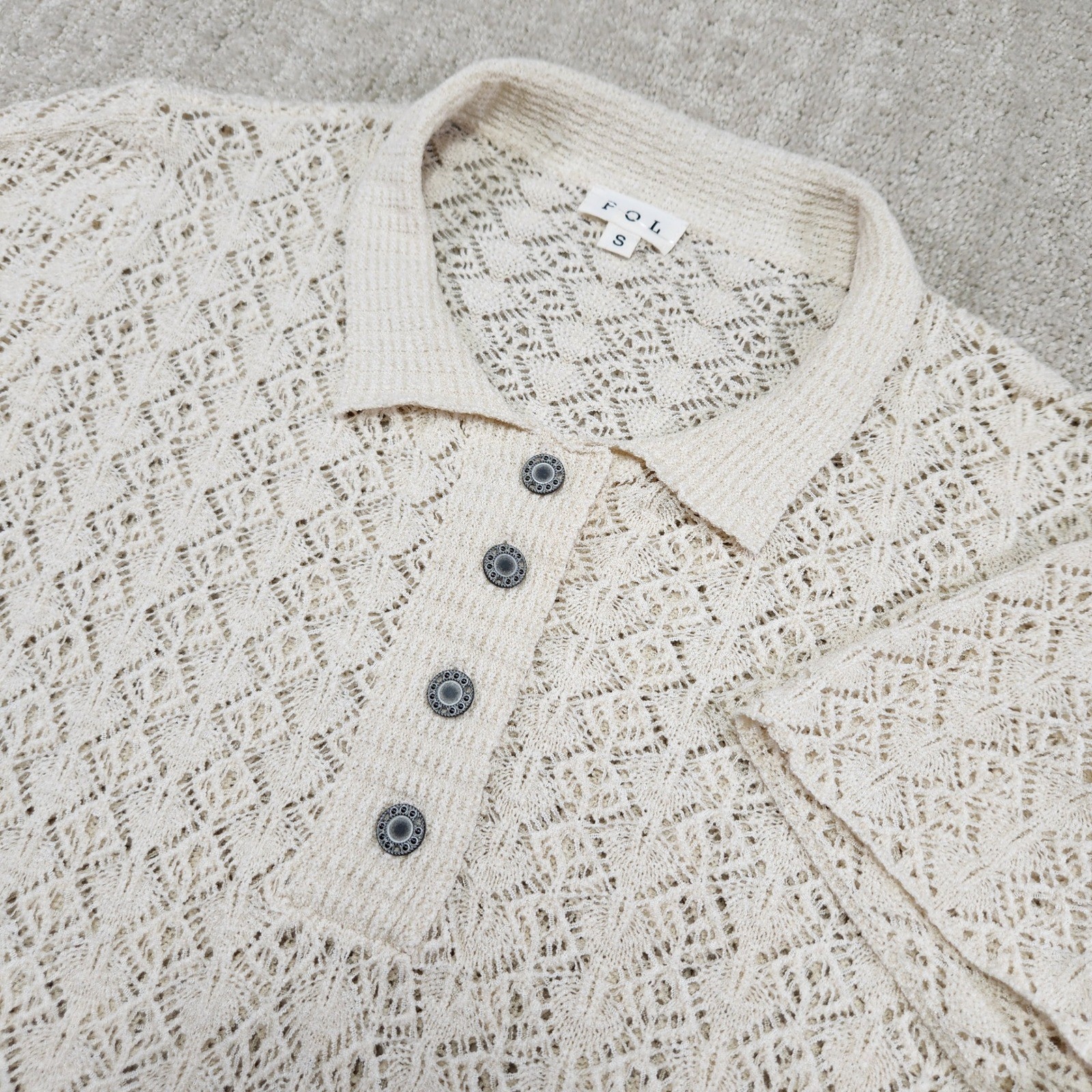 POL Cream Crochet Knit Short Sleeve Polo Top Ivory Open Weave Boho Shirt Small