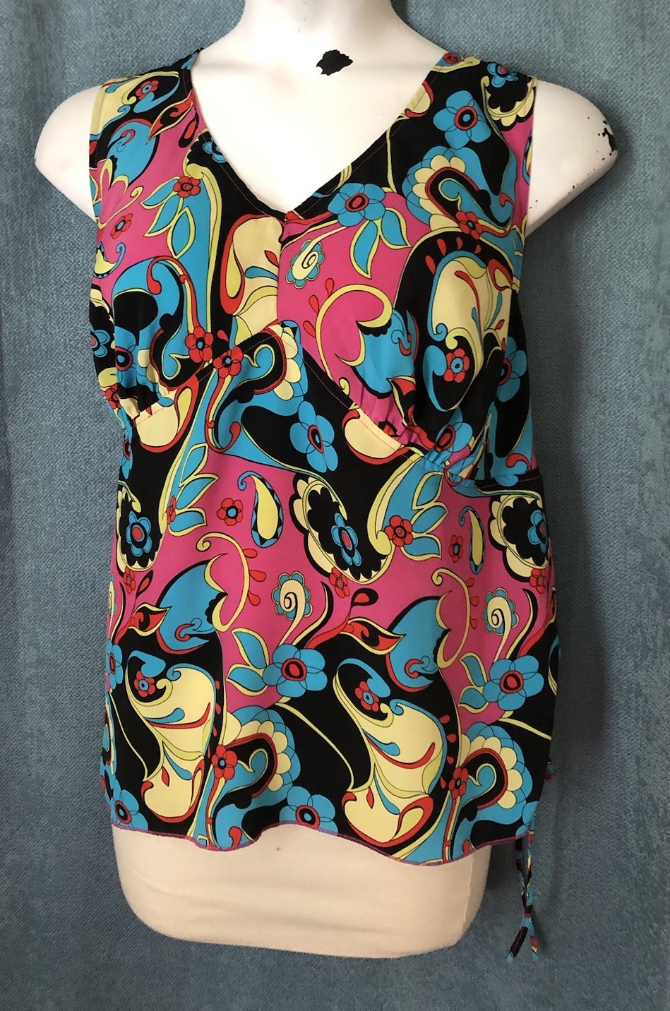Empire Waist Tank Top Size 26W (4X) Bright Boho Floral Ruched Side Pink Blue