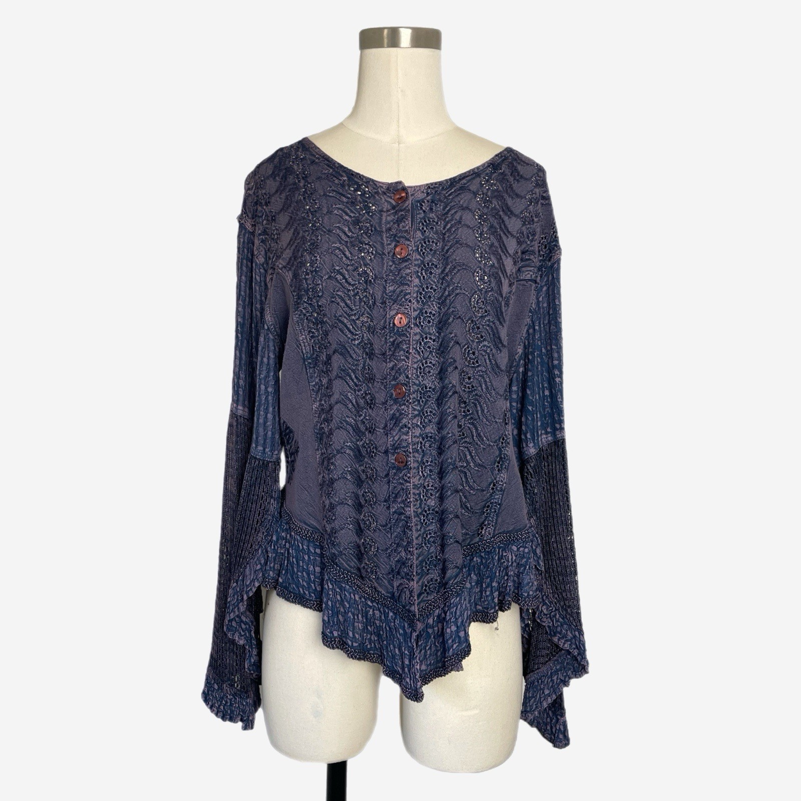 Fabulous Blue purple bell sleeve embroidered crochet top hippie Renaissance S/M