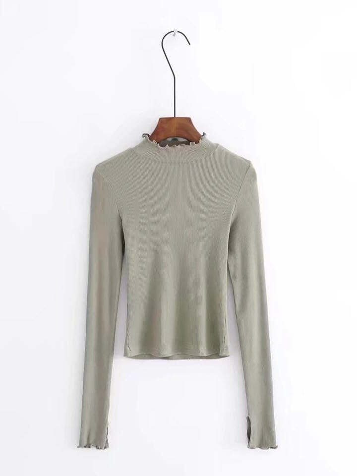 Women Ribbed High Neck Long Sleeve Top with Lettuce Hem Slim Fit