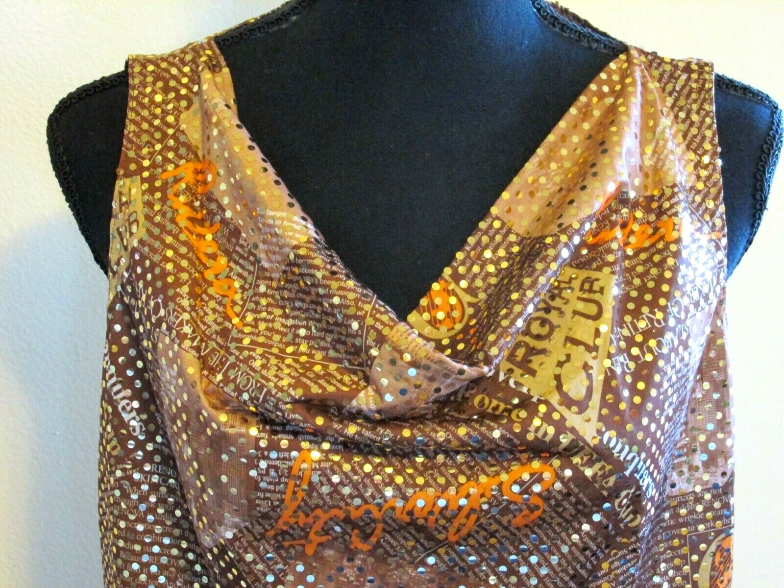 NEW MIXIT Crossover Blouse Women Medium Brown Gold Graphics Stretch VTG 90’s Y2K