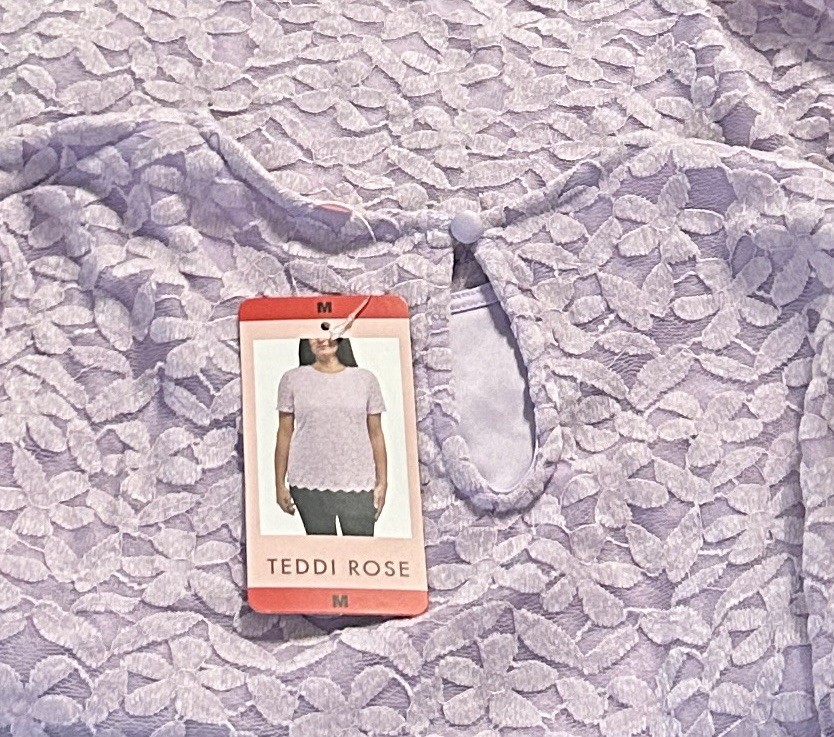 Teddi Rose Floral Lace Overlay Short Sleeve Top, Women’s, Size M, Color Purple..