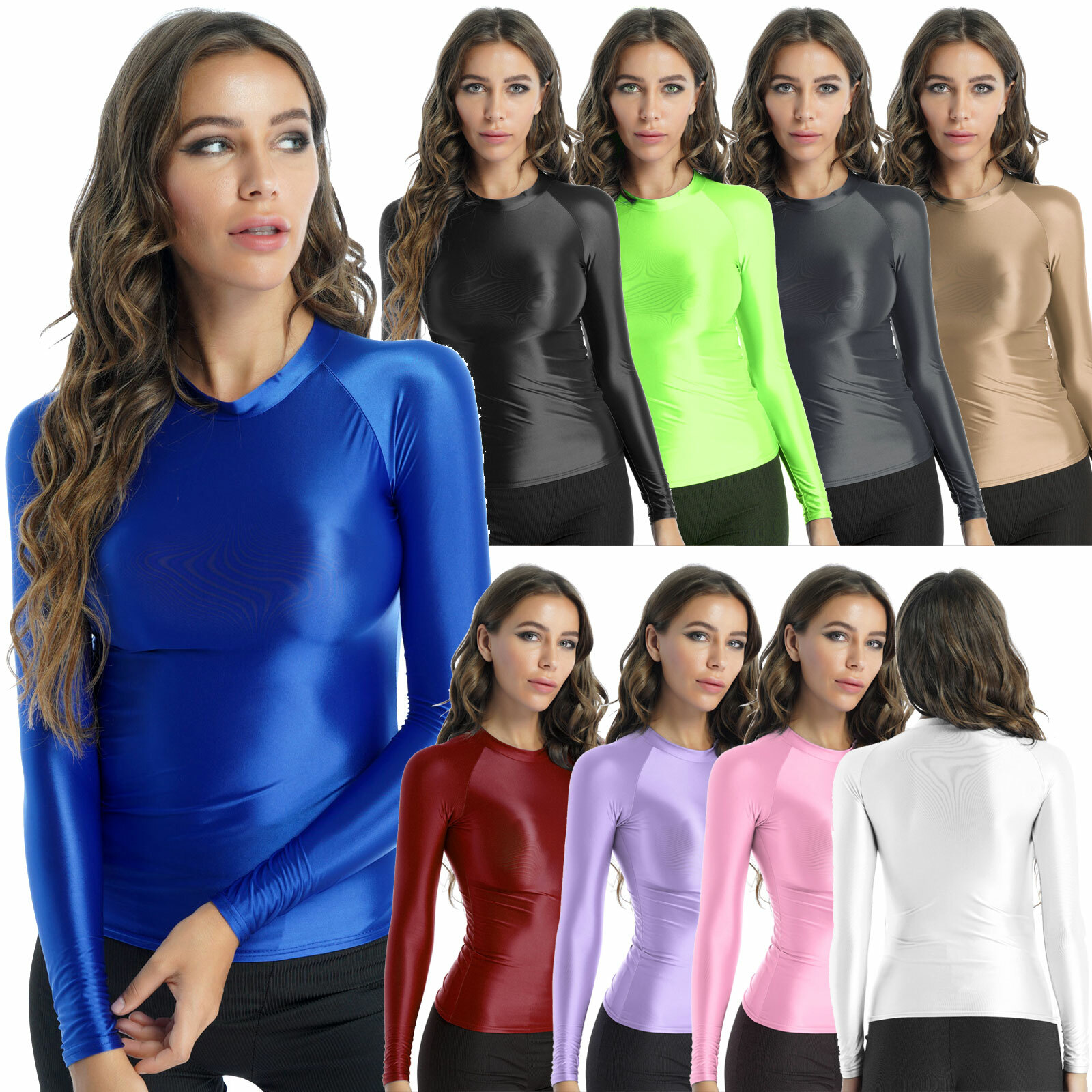 Women Shiny Metallic Stage Dance Shirt Workout Tee Bodycon Running Sports Shirts