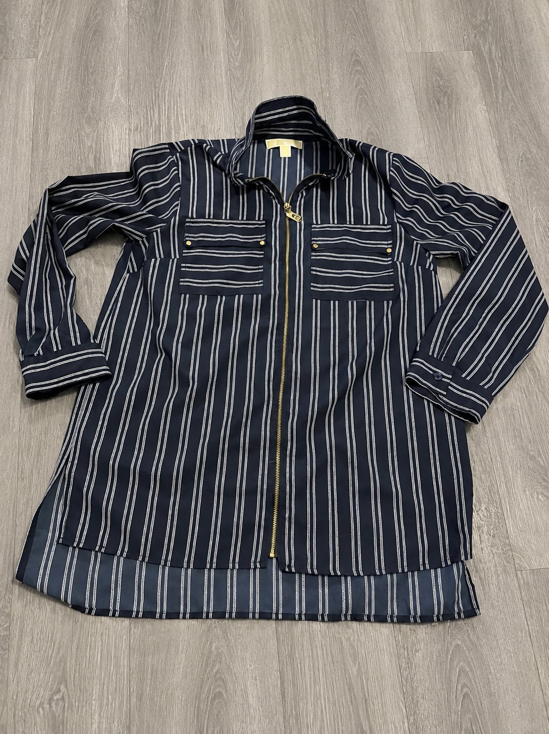 Michael Michael Kors Navy Blue and White Striped Full-Zip Tunic Blouse