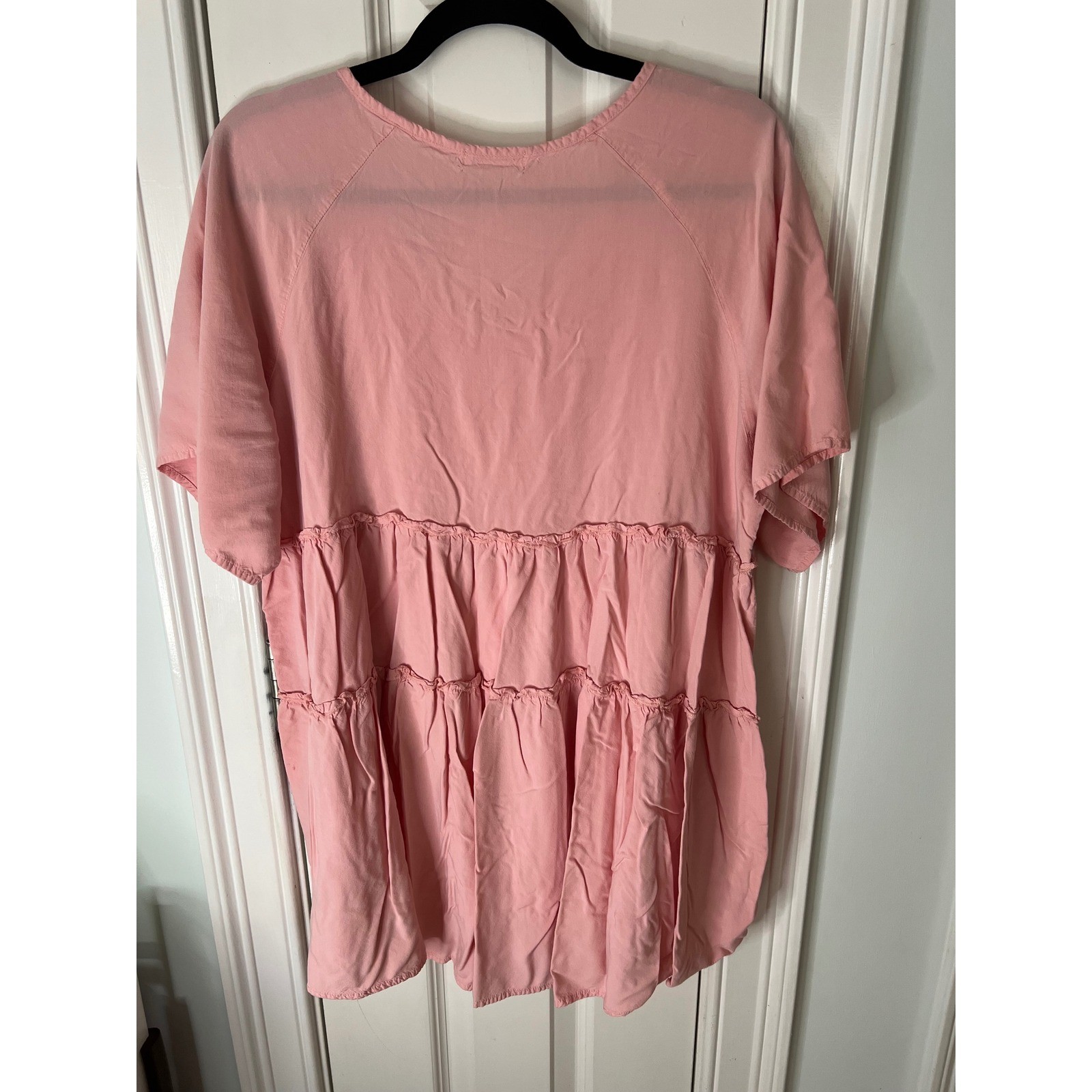 AIMAGE Pink Tiered Babydoll Tunic Top V-Neck Tassel Tie Rayon Short Sleeve Large