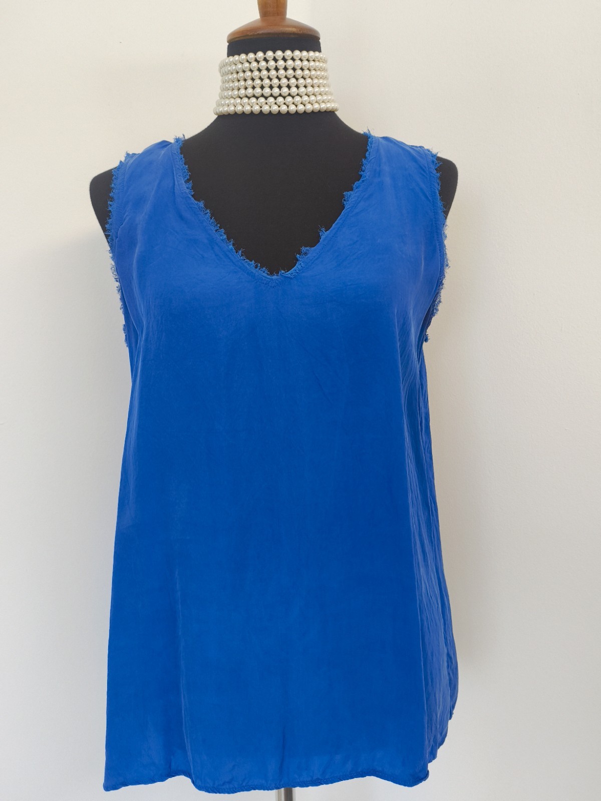 LOLA & SOPHIE Silk Tank Top L Cobalt Blue Raw Edge Fringe V neck NWOT