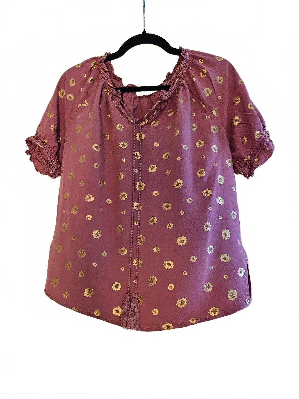 Solitaire Women’s Medium Mauve 100% Rayon Peasant Blouse with Gold Floral Print