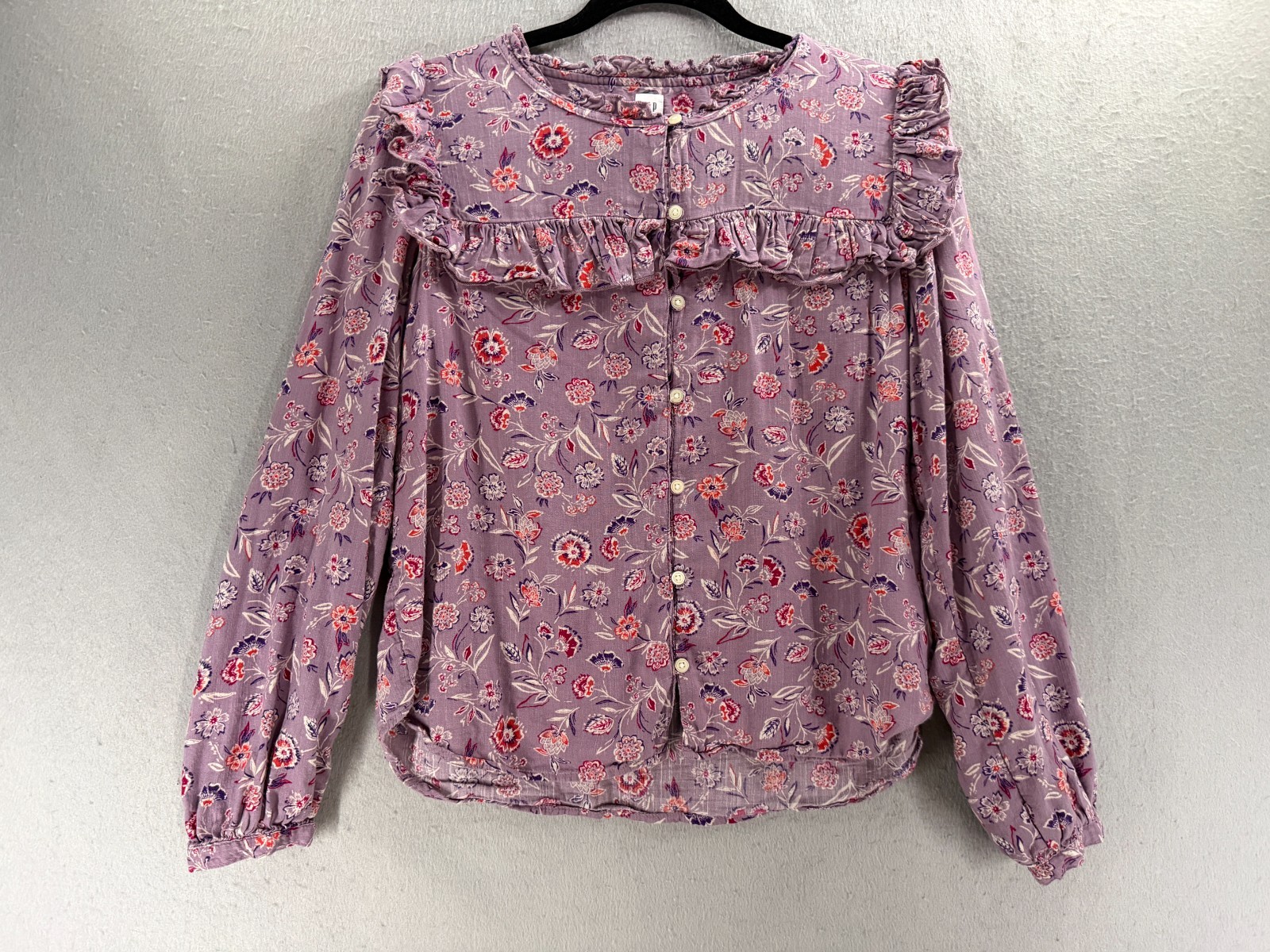 Gap Top Women M Purple Ruffle Button Shirt Prairie Cottagcore Coquette Victorian
