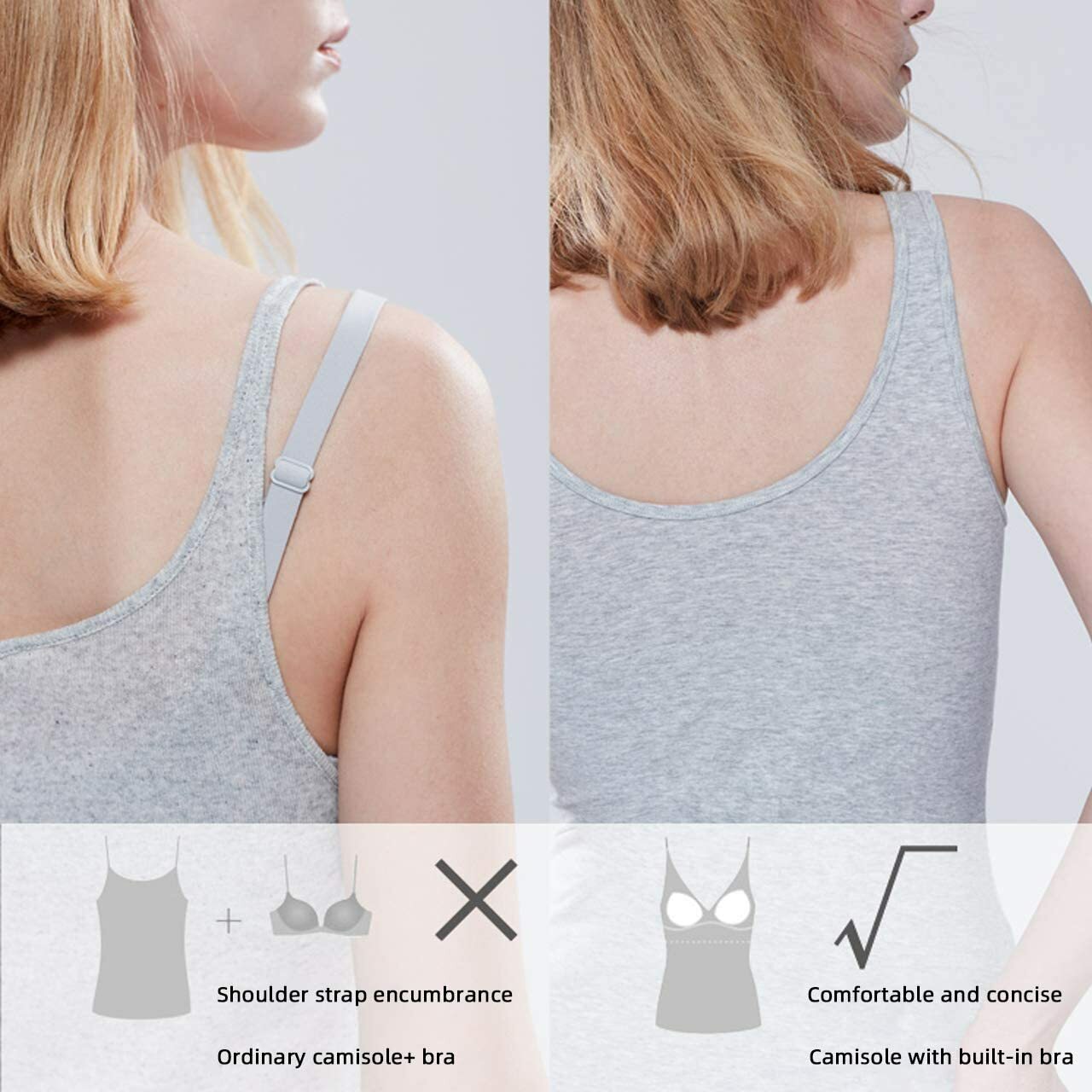 US Women Sleeveless Cami with Built in Bra Tummy Control Camisole Tank Tops Vest