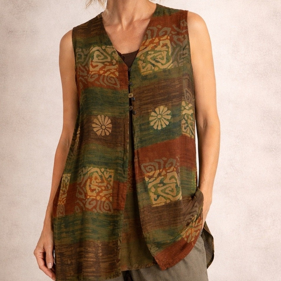 Wind River Boho Sleeveless Duster size Large Batik Floral Linen Blend Button Up