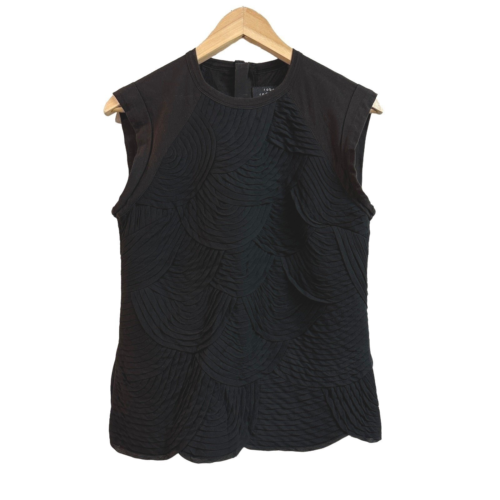 Robert Rodriguez Silk Textured Scalloped Black Top Cap Sleeve Blouse Womens 6