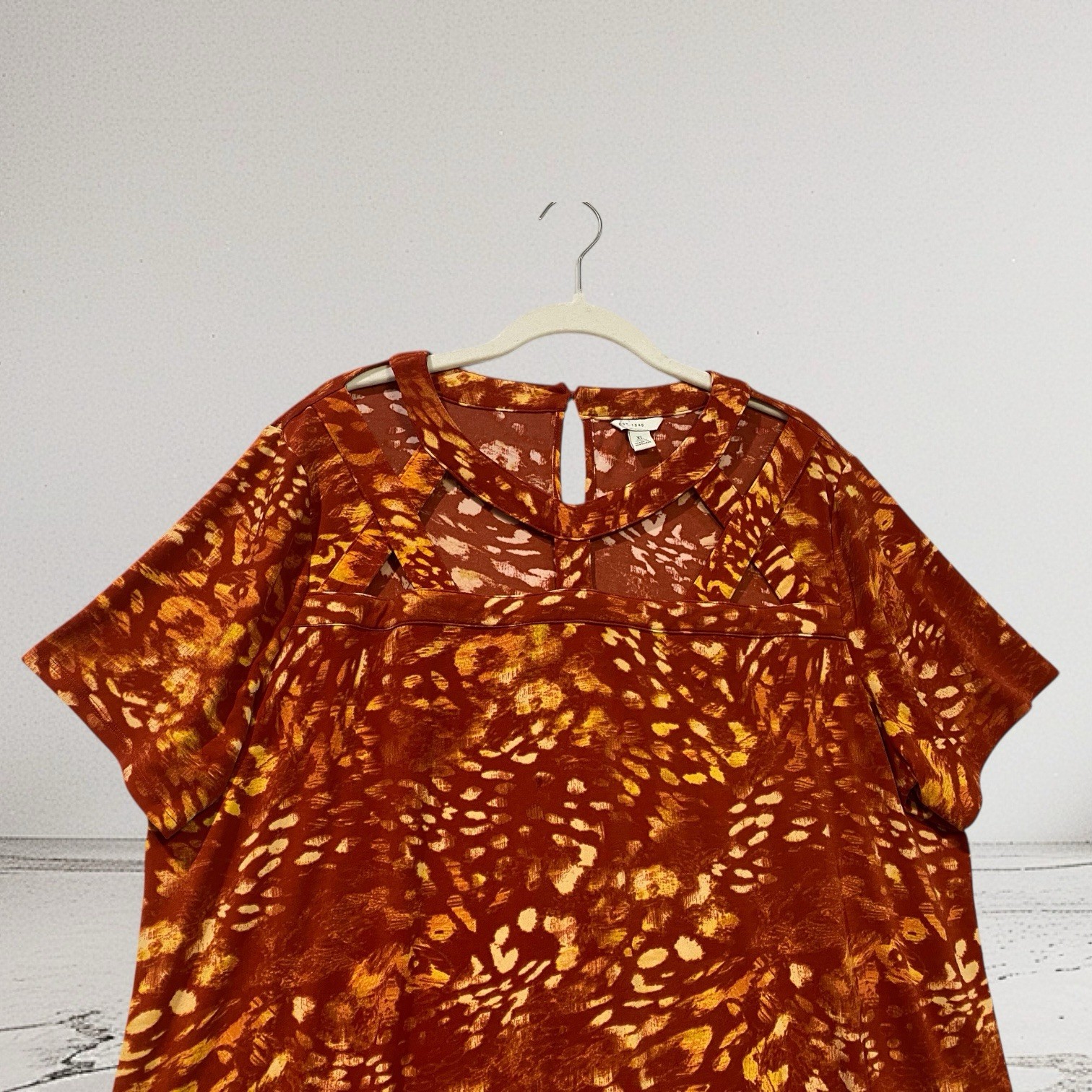 Womens Multi Print Cut Out Neck Top XL Jersey Stretch Artsy Boho Summer Chic