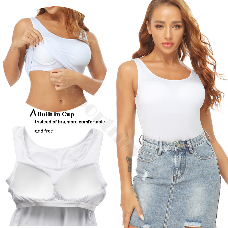 TANK TOP Womens Stretch Long Workout Fitness Sport Yoga Built in Bra Basic Top