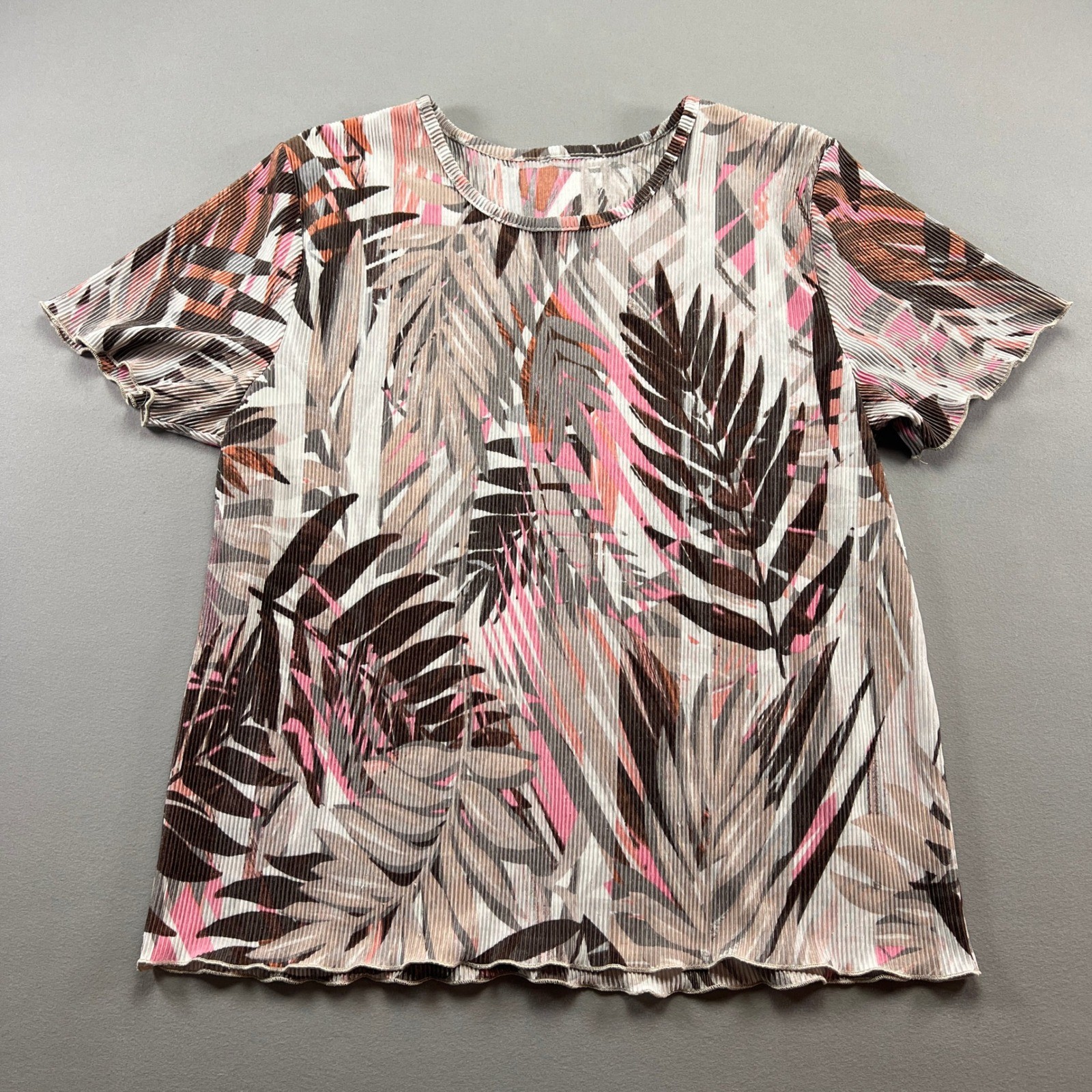 Womens Blouse Top Medium Multicolor Palm Leaf Ribbed Short Sleeve Crew Neck