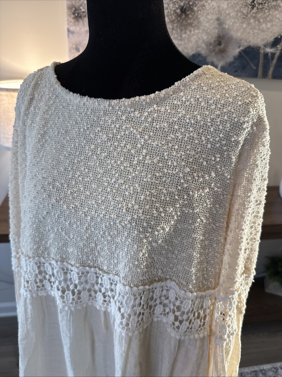 Cal Style Beige Crochet Lace Boho Peasant Top Romantic Bell sleeve