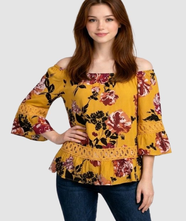 UNIQUE SPECTRUM Small (4/6) Crochet Trim Floral Top