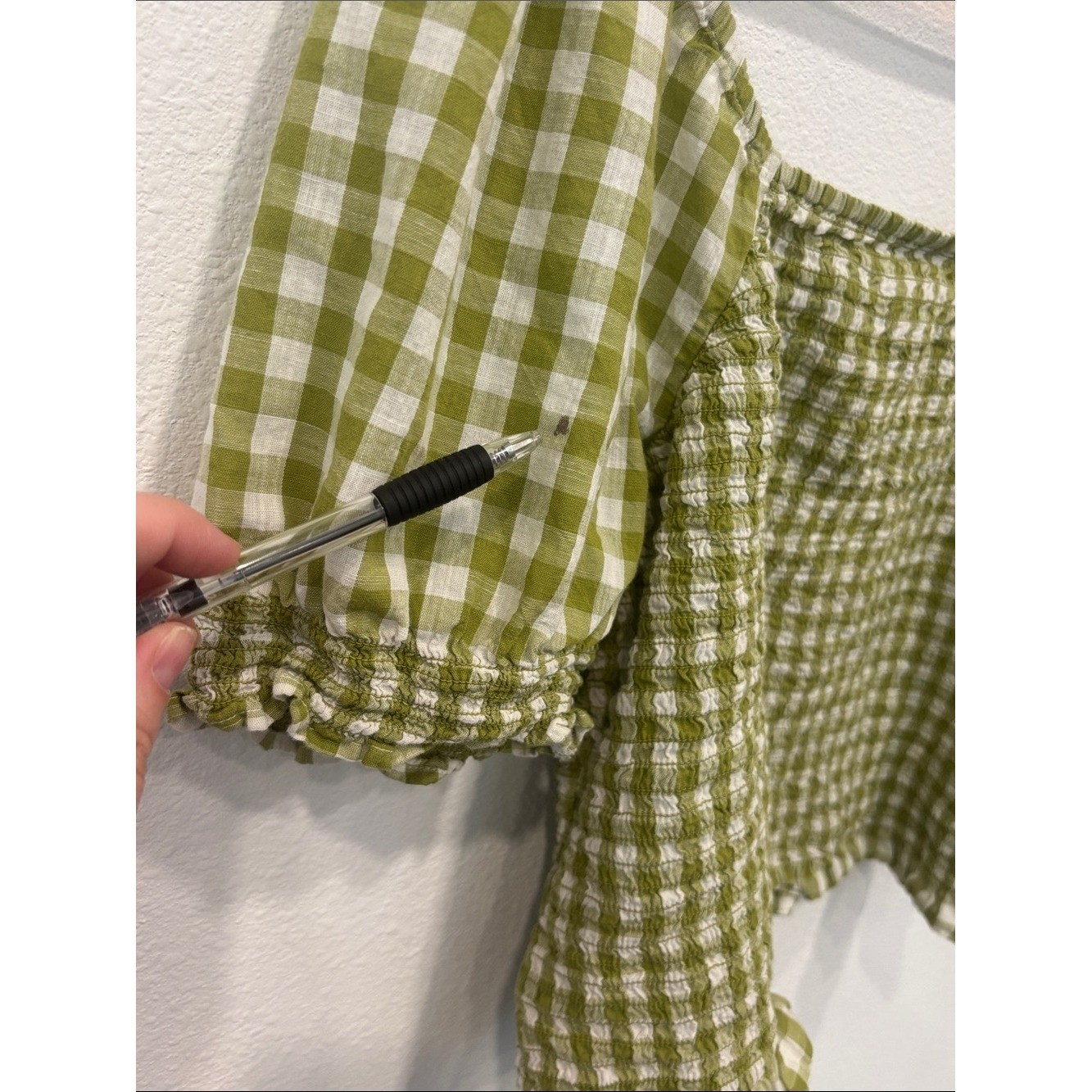 Madewell Green and White Gingham Smocked Off-Shoulder Top Women XL