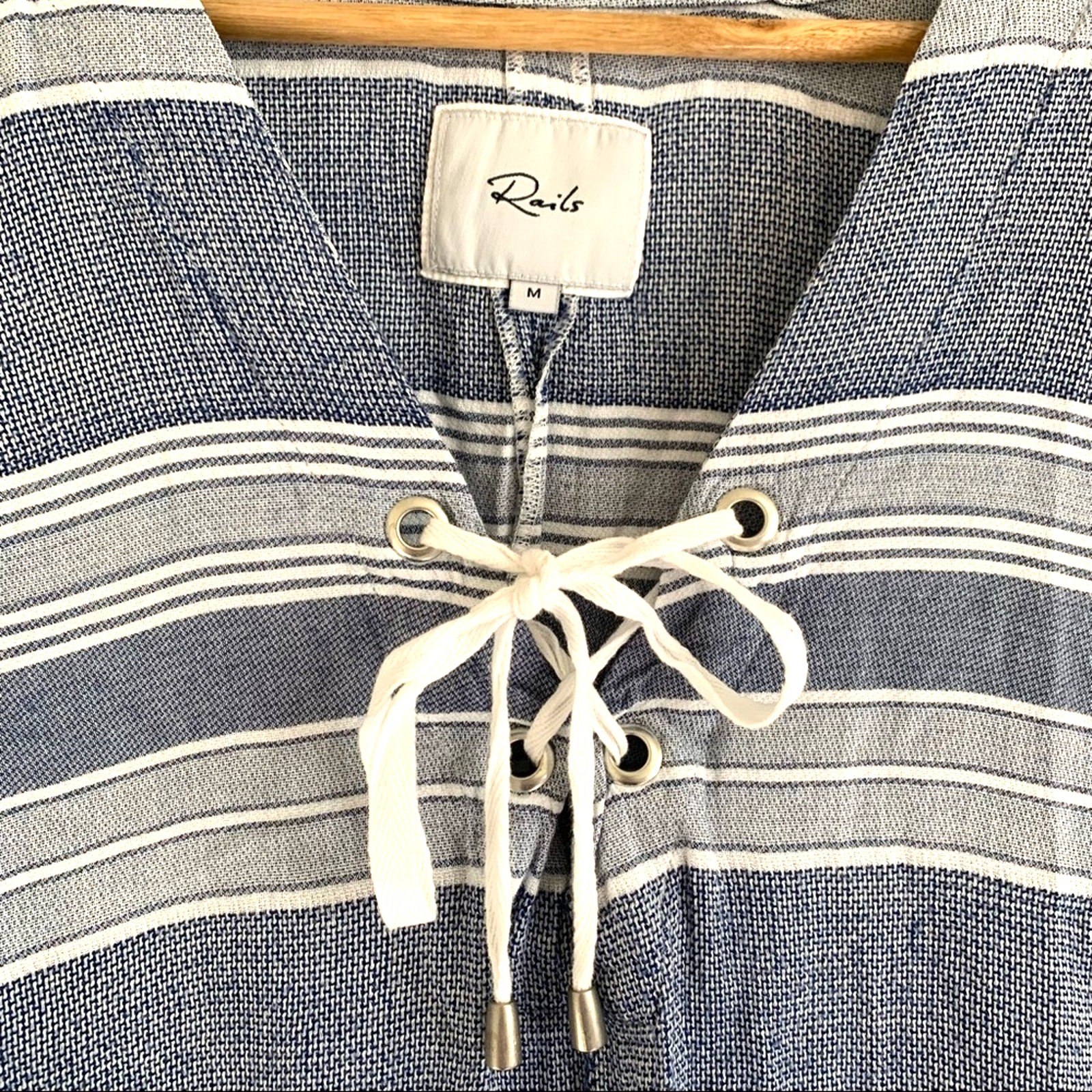 RAILS Lily Lace Up Long Sleeve Linen Blend Top Athens Stripe Blue White Medium