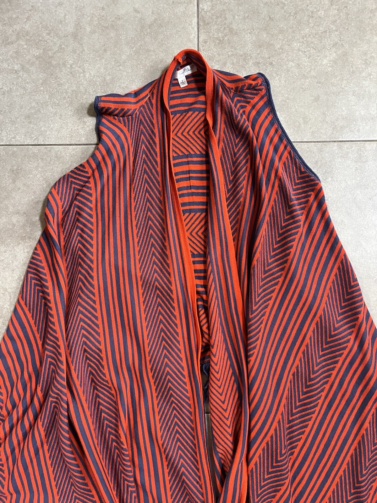 Say What? S Sleeveless Vest Duster orange blue stripe Geometric Pattern Fringe