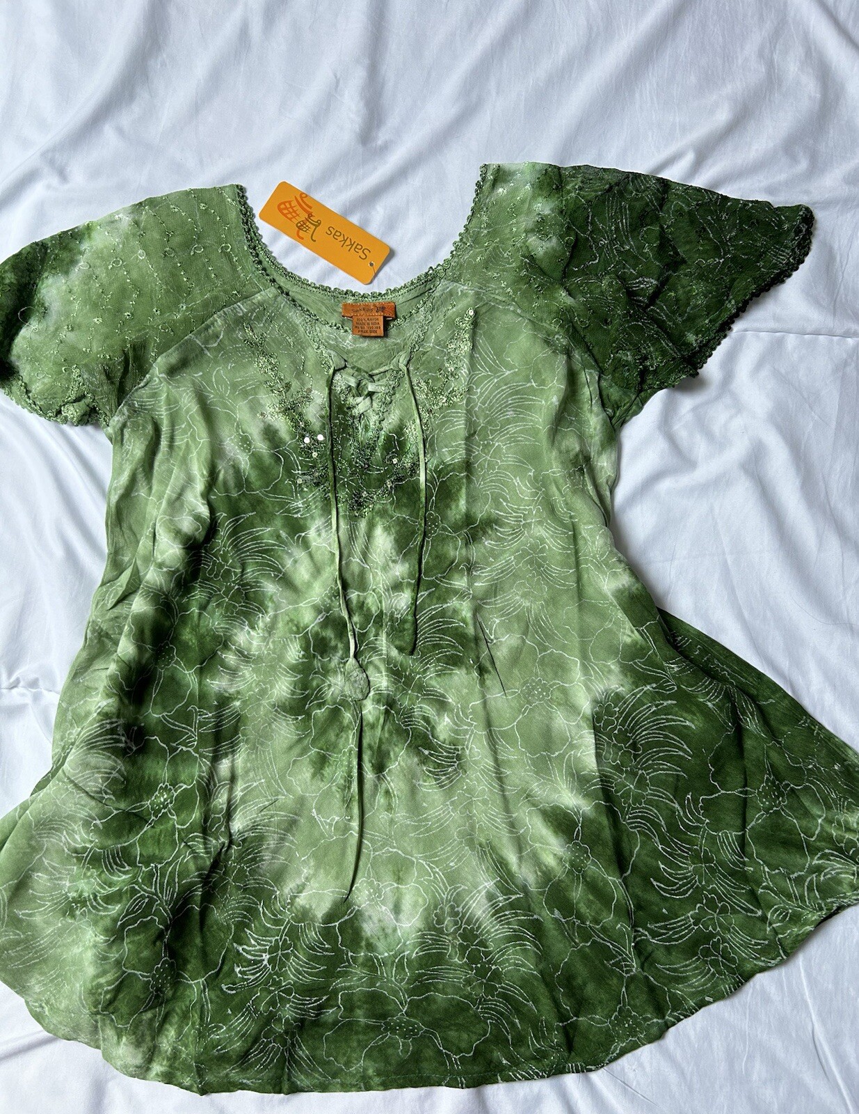 Sakkas Petra Womens Casual Loose Flared Lace Sleeve Blouse Top Tunic Green OS