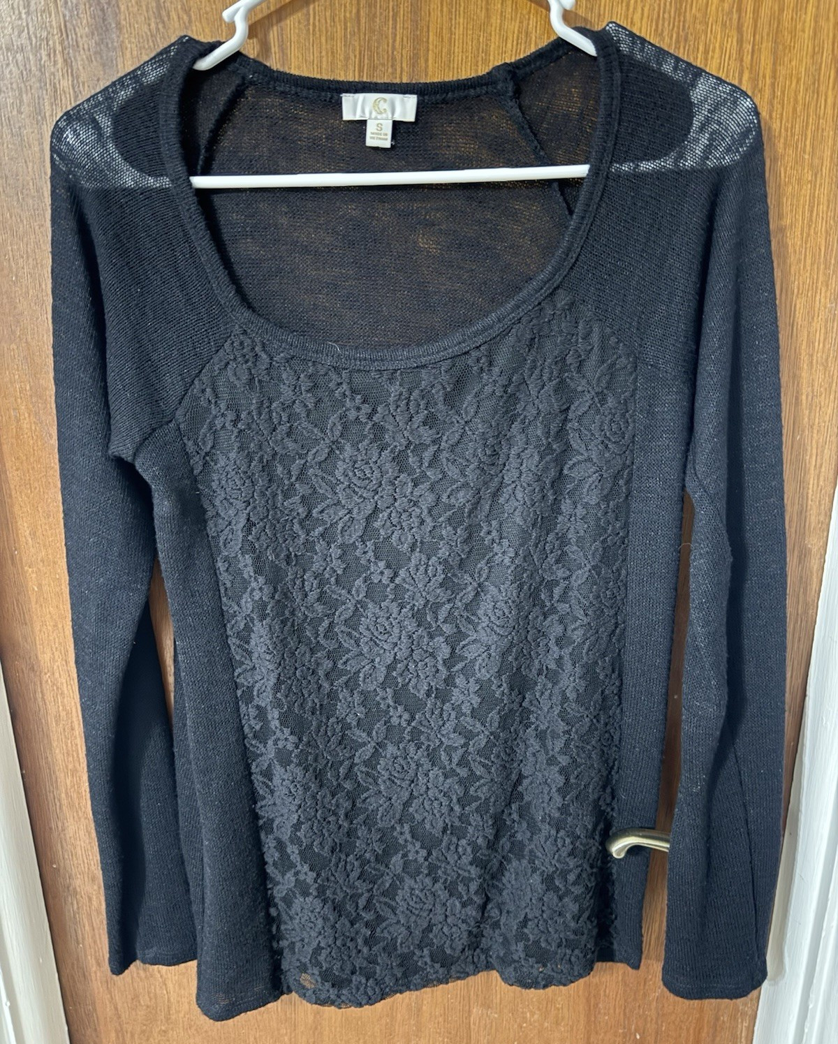 Skies Are Blue Black Lace Panel Knit Blouse Top Long Sleeve Small MTB499C