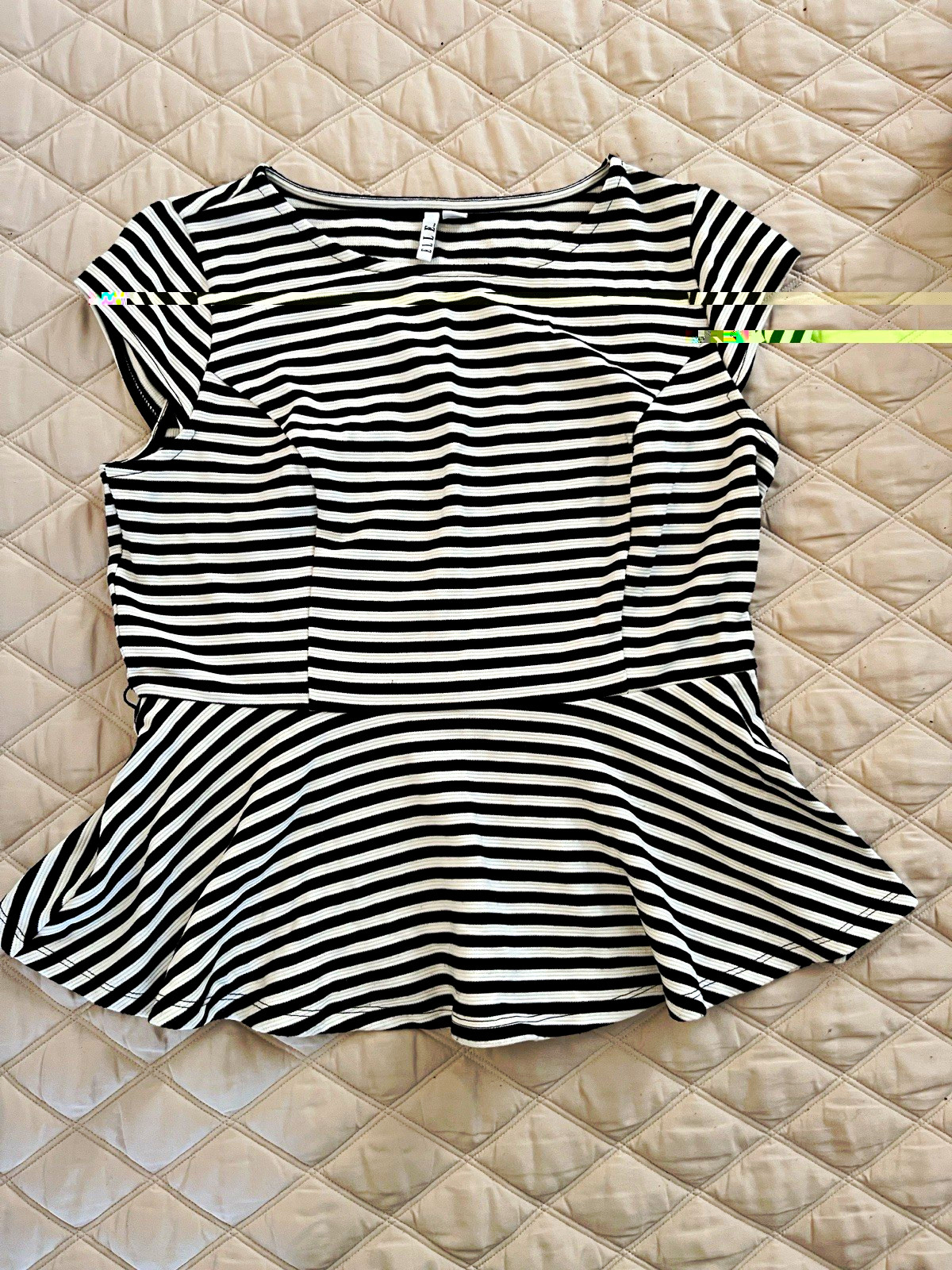 ELLE Black & White Striped Peplum Top Scoop Neck Short Sleeve Knit M