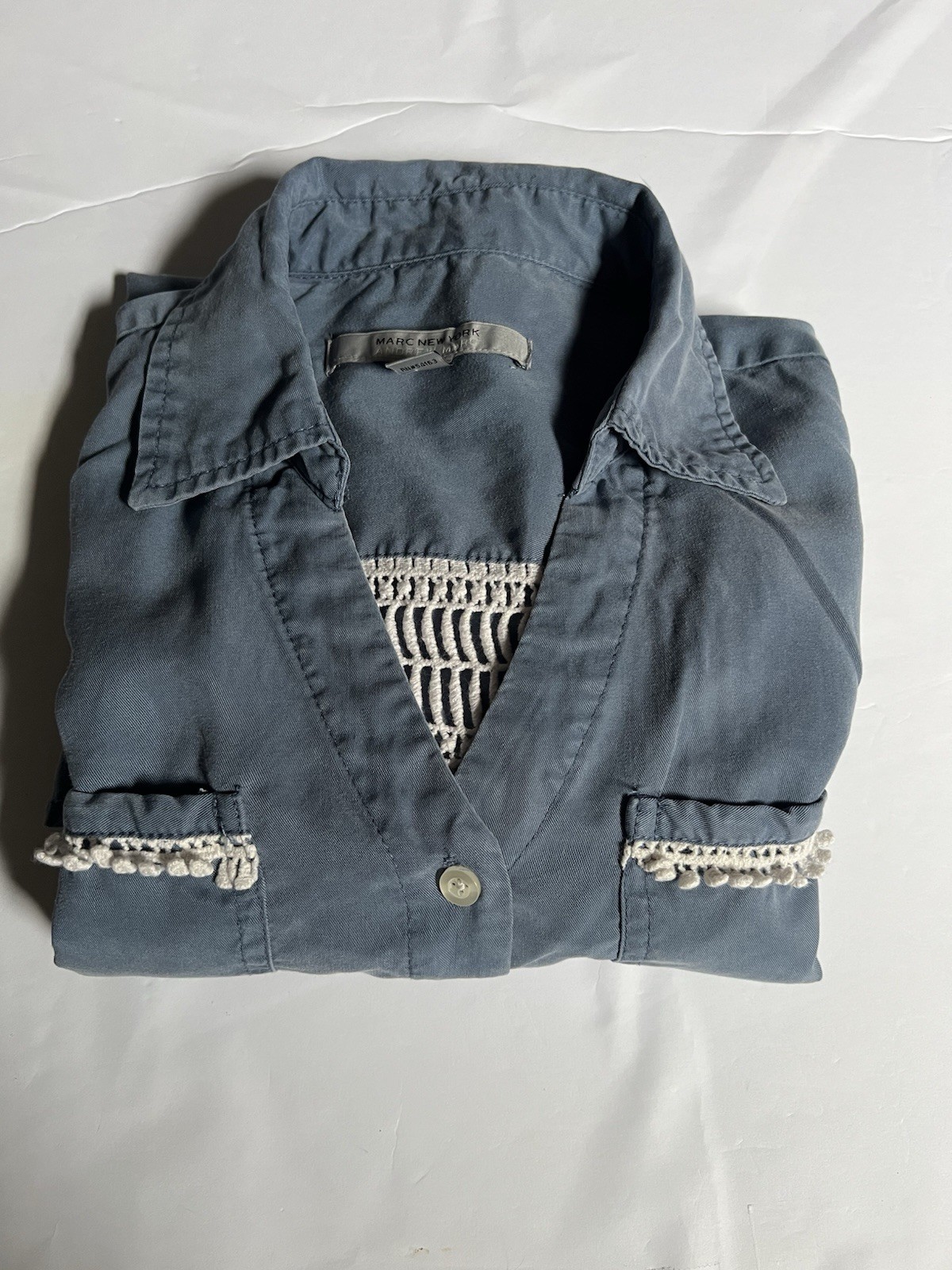 Marc New York Blue Button Down Blouse Soft Tencel Crochet Accent Boho Western S