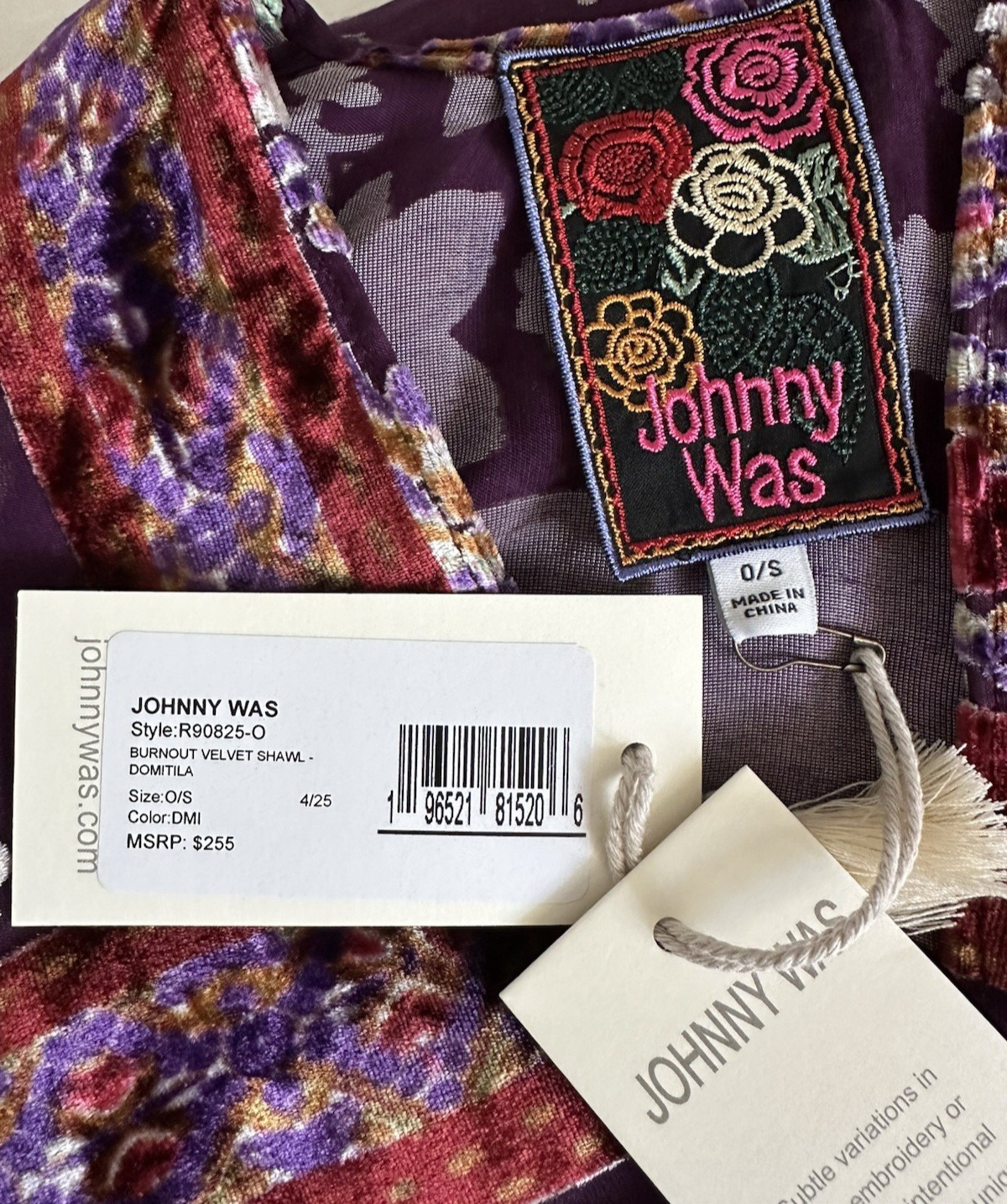 Johnny Was Domitila Burnout Velvet Shawl Wrap One Size Silk Rayon Beads NWT $255