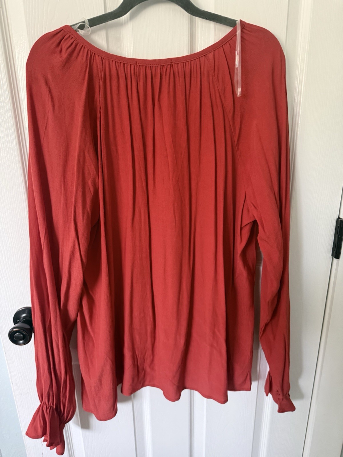 Haptics 1X Red Solid V-Neck Ruffle Long Sleeve Peasant Woven Rayon Blouse