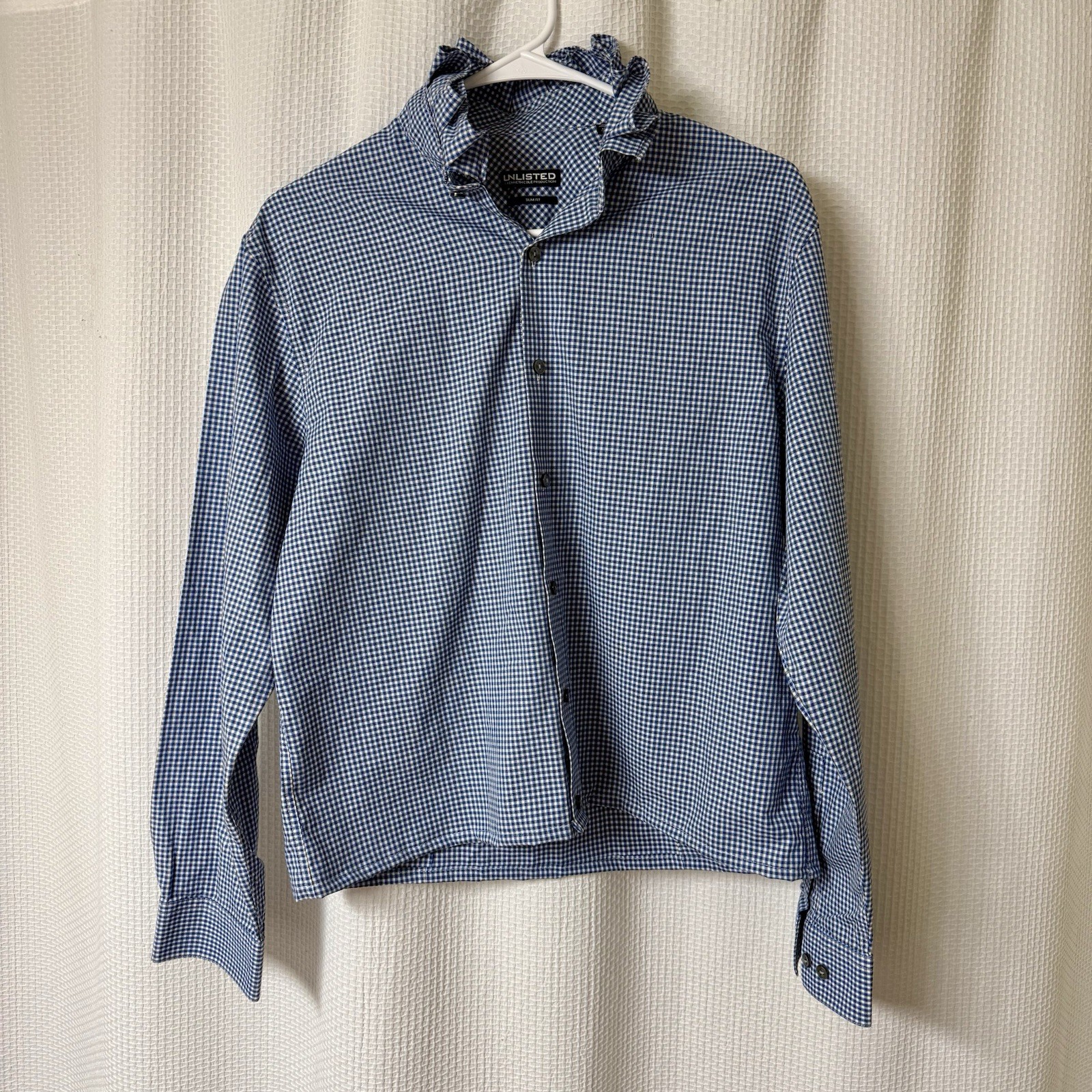 Unlisted Dress Shirt Upcycled into Women’s Top with Ruffle Collar – Cropped XL