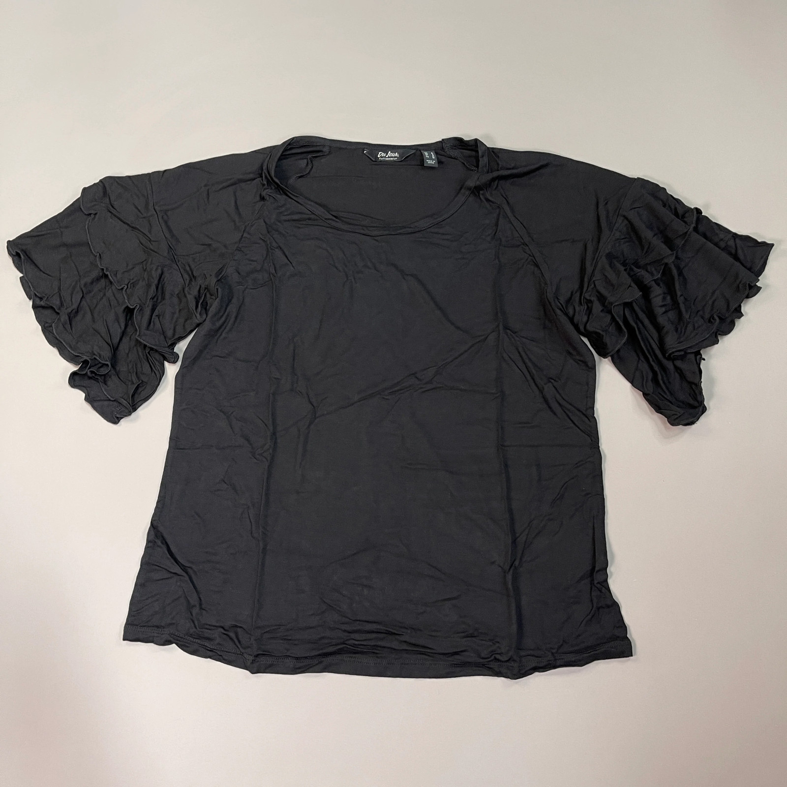 DU JOUR Ruffle Short Sleeve Swoop Neck Top Women’s Sz S Black (New)