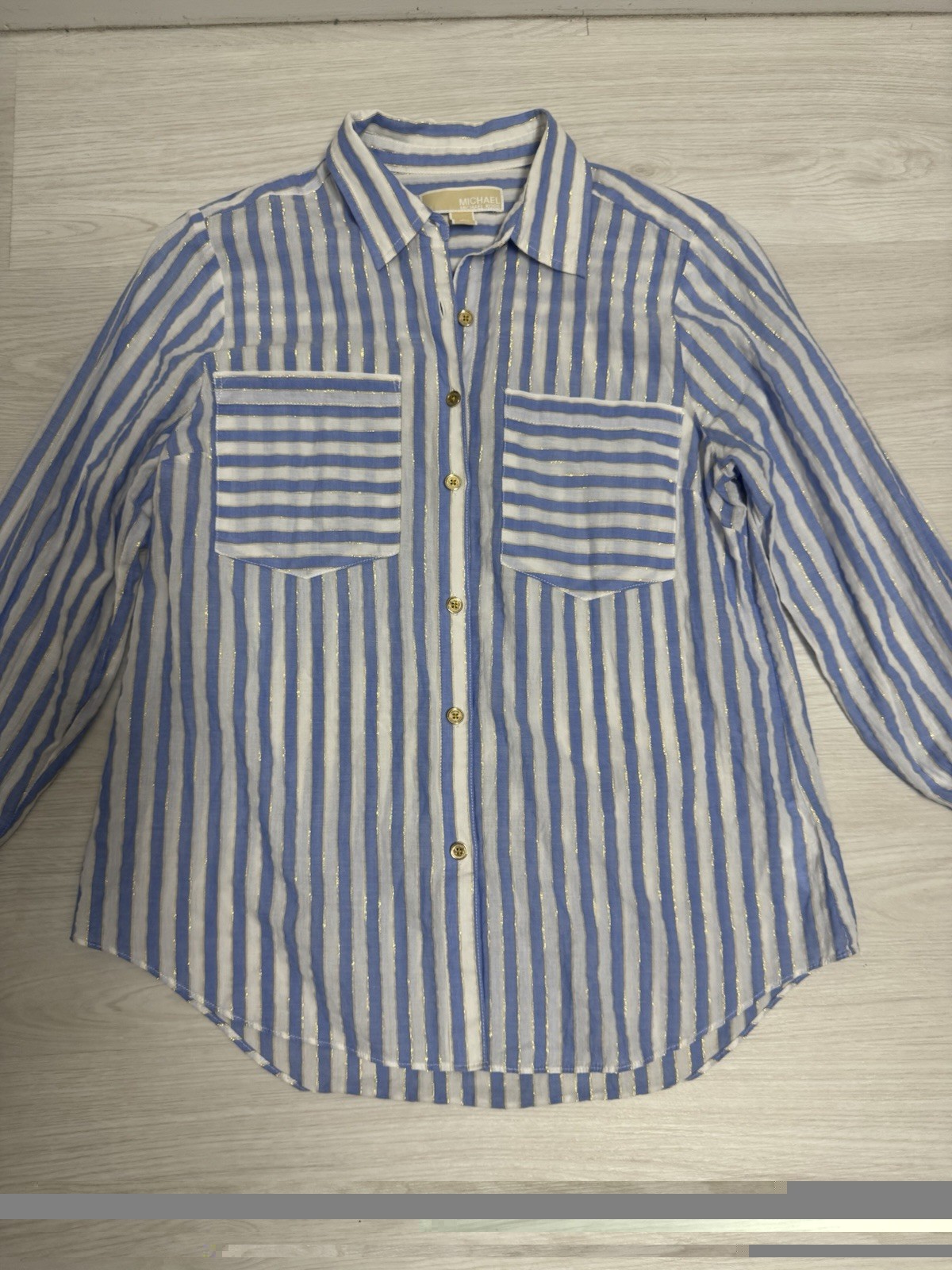 Michael Kors Blue & White Striped Gold Style Long Sleeve Button Up Women’s S